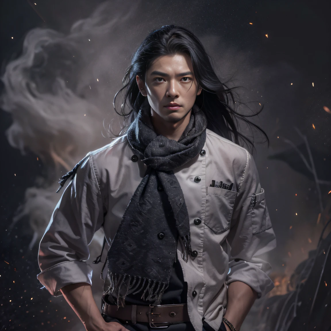 kazuhiro1, angry, bamboo forest, night, masterpiece, (cowboy shot:1.1), (rim light, Volumetric Lighting, Cinematic Lighting, moody lighting:1.3), 
focus on face, hairs between eyes, messy long hair, best shadow, finely detail, cinematic lighting, fog background
