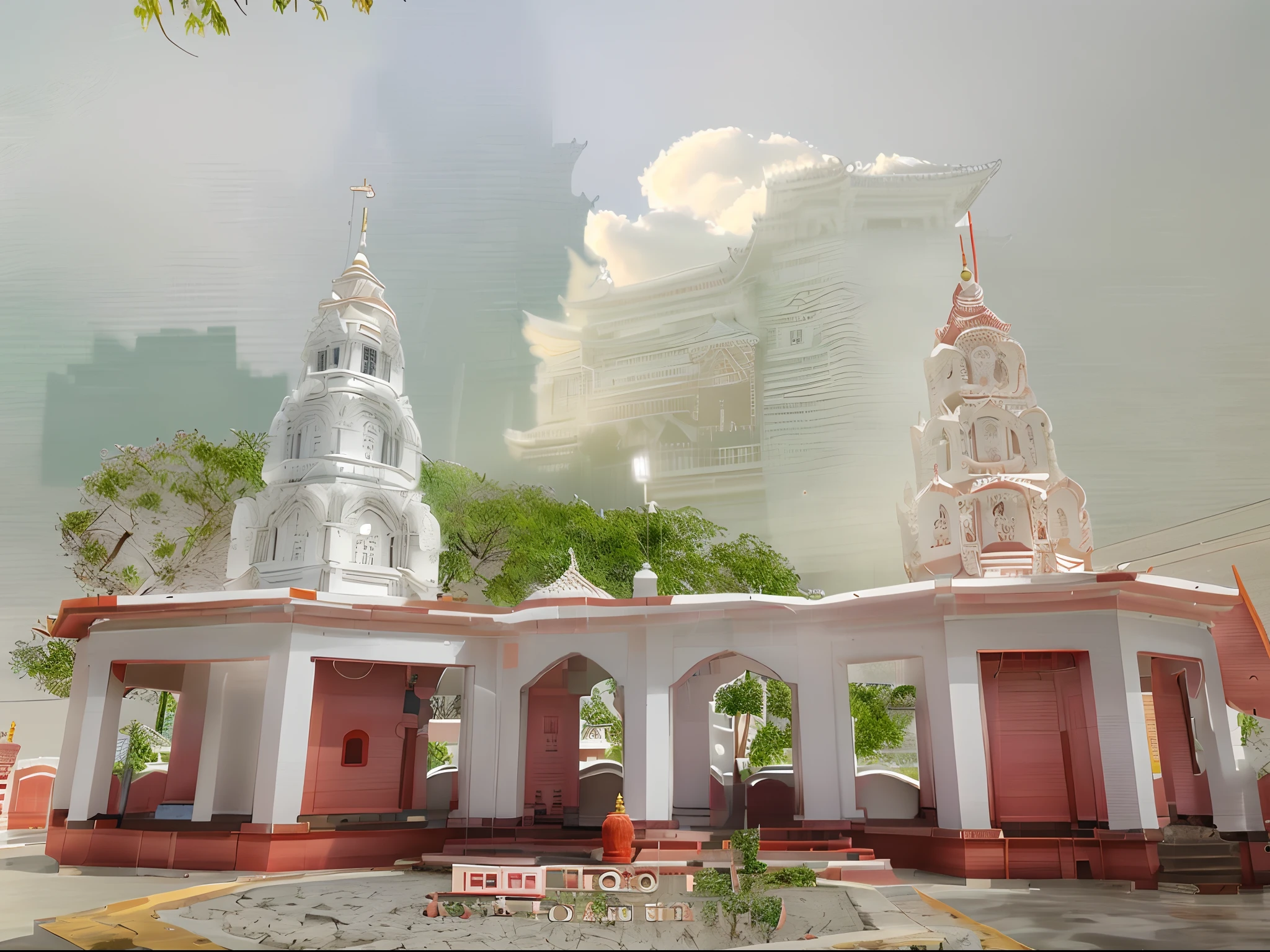 there is a white building with a red roof and two towers, temple background, temple in the background, a temple, indian temple, temple, full front view, kalighat highly detailed, full - view, in front of the temple, photo taken with sony a7r camera, shaved temple, front-view, hindu temple in background, taken with sony alpha 9