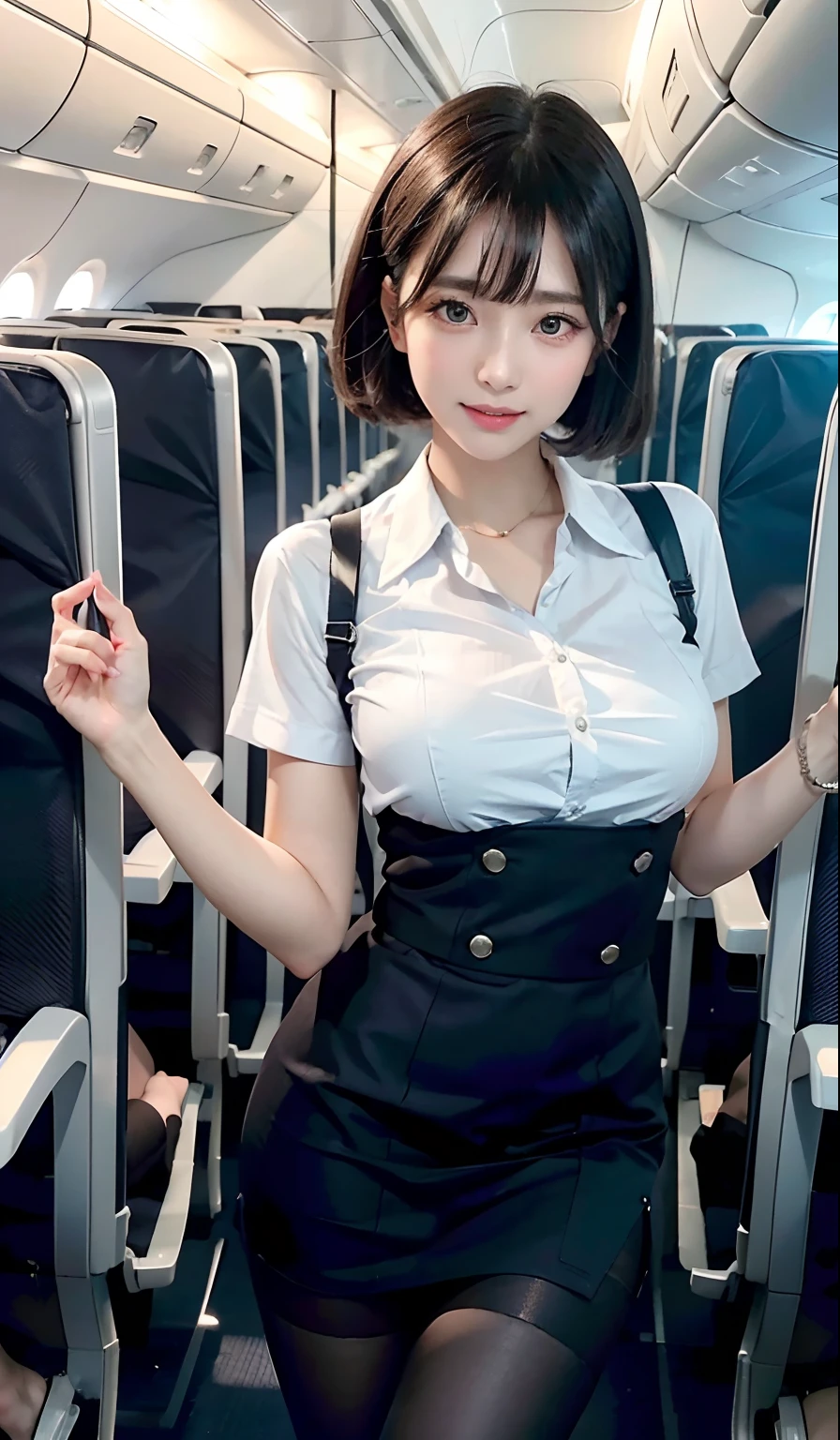 8K, masutepiece, Raw photo, Best Quality, Photorealistic, High-definition CG unified in 8K, 8K, Diamond, and wallpapers, depth of fields, Cinematic Light, Lens Flare, Ray tracing, (Extremely beautiful face, Beautiful lips, Beautiful eyes), intricate detail face, ((Ultra detailed skin)) 1girll, In the Dark, deepshadow, Pretty Korean girl, Kpop Idol, Photograph of a woman standing in an airplane aisle,Flight attendants at work、Wearing a white flight attendant uniform,Tying up hair、Hairpin、grey skirt、scarf、pinafore、Stewardess、skirt by the,(Very slim:1.3), Short hair、(Black pantyhose:1.3),Standard flight attendant uniform in indigo color, ((Colossal tits:1.0)),being thin,red rip,黑The eye,(unholy:0.9),cross leg,(Textured fabrics:0.9),looking at viewert, (pale skin), (Big eyes),(ssmile:0.8),Flirting with the camera,(Metallic fabric:0.5),very intricate,(realisticlying,primitive:1.5), facial detailing, low quality photograph, highly contrast, In-flight, slender, bow-shaped, 、Black stockings、Absolute area、Slender big、Brown-eyed、For glitter、Very short shorthair、Show off your beautiful legs、Focus on the thighs、High-waisted skirt:1.5