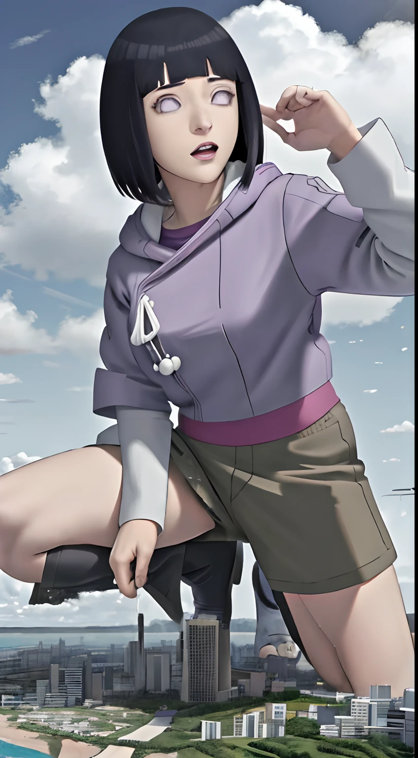 Hinata Hyuga (Naruto),((obra maestra)),Mega giganta chica en el cielo, , entre nubes, Entre Cumulonimbus Cloud,Cumulonimbus Cloud ,alto como las nubes, inminente , GTS, ,Ciudad que se avecina, Rampage, 1girl, obra maestra, La mejor calidad,kawaii, , Altamente detallado, luz del sol, De color,Enfoque de,Vista posterior, obra maestra, La mejor calidad,, Altamente detallado, luz del sol, De color,Destruction,Apocalipsis,Comic girl,chica real,Chica realista,chica real,vista del suelo,Cabello largo, purple eyes, mirada suave, super-realistic, detallado, photo session, Rostro y cuerpo realistas, sexual expression, Alluring expression,Hinata\(Boruto\) Purple Hoodie Brown Pants Black Shirt, delantal