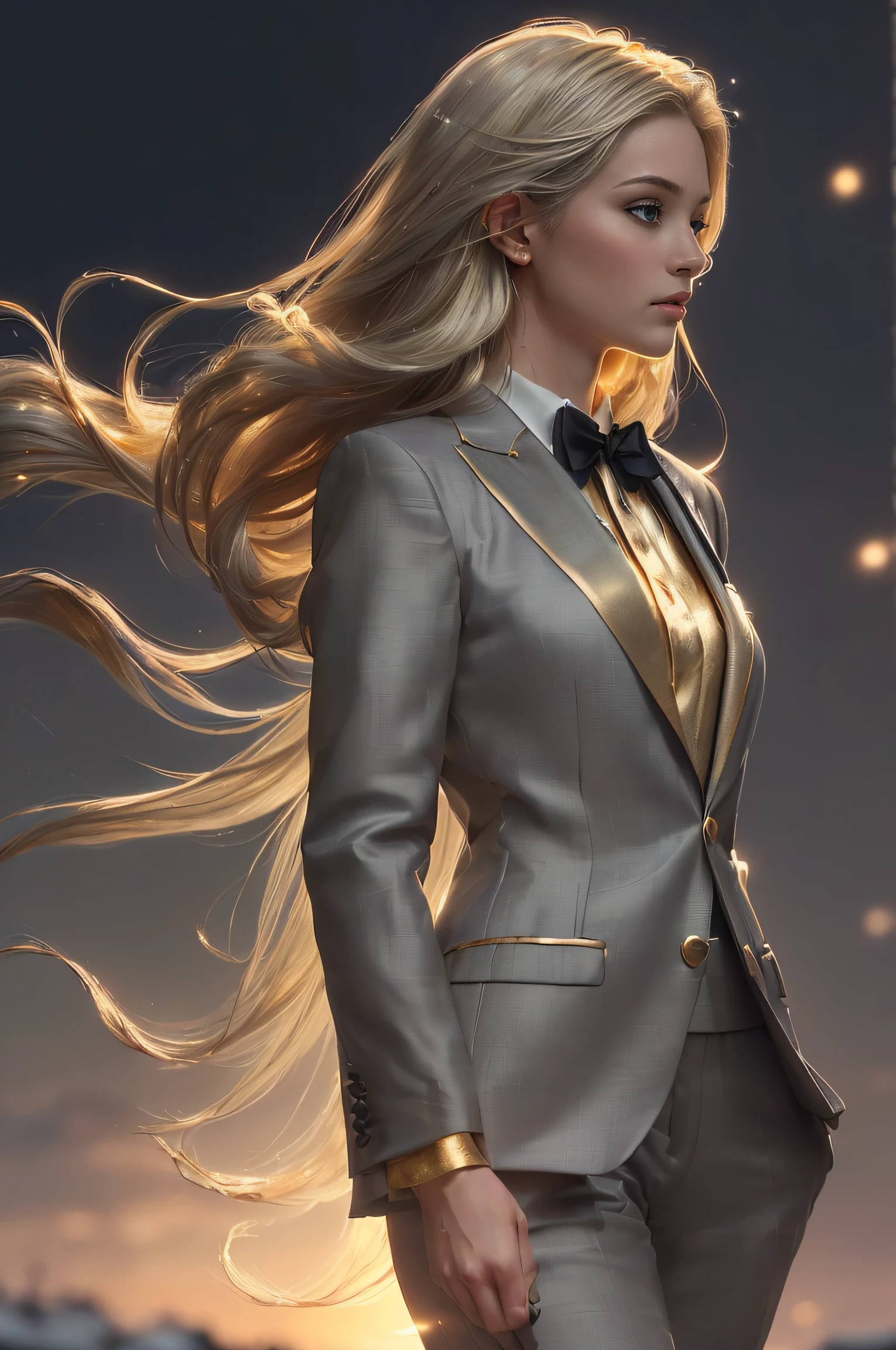 (masterpiece, highest quality, perfect details:1.4), solo, half body, (girl in suit:1.5, gray suit, long hair, gold hair, black tie, gun, looking up), (realistic hair:1.2), very intricate, (light diffusion:1.5), (dynamic posing:1.4), (mold, soft smoke, subtle vignetting, dimly lit, blurred features, darkness contrast)