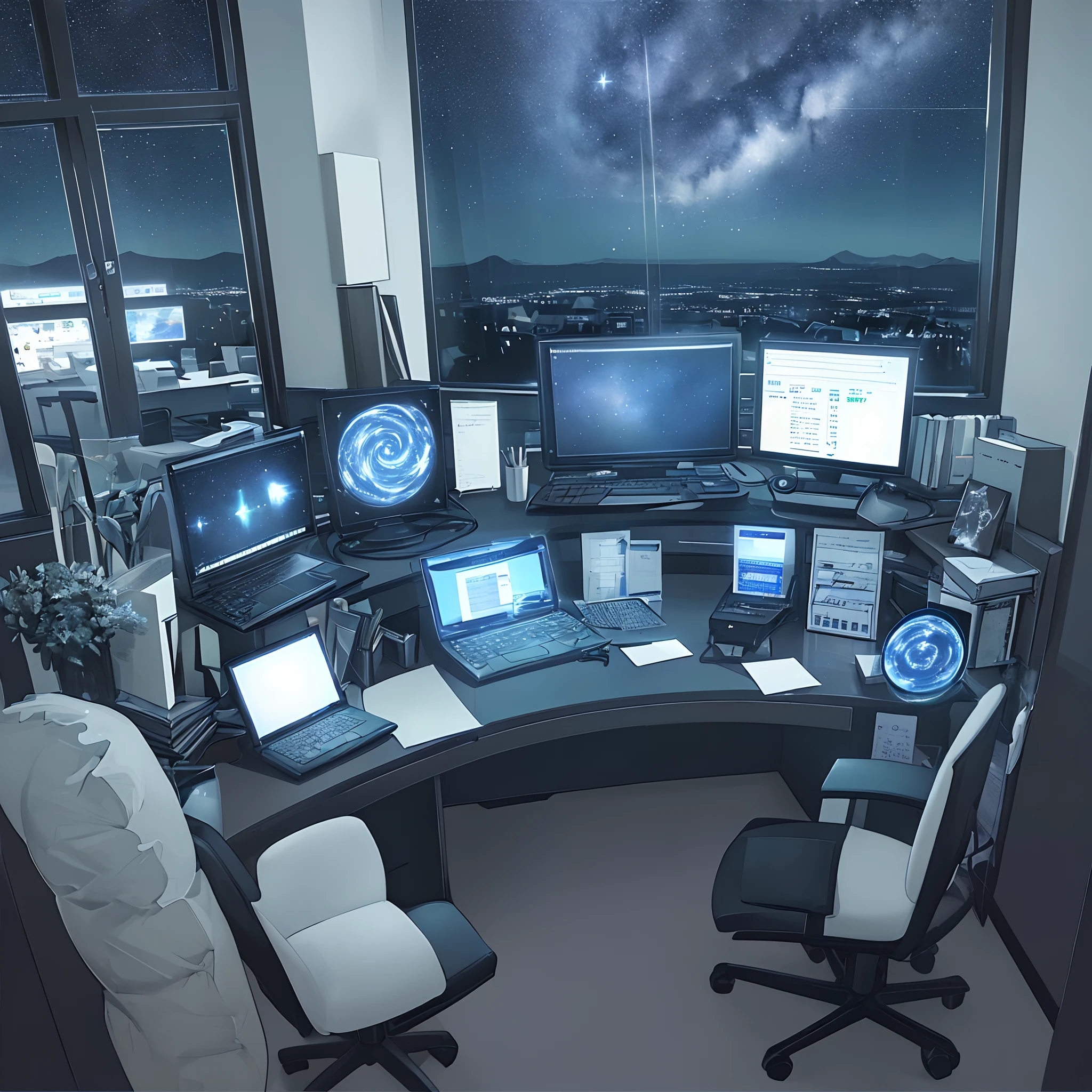 no humans, business office, window, night sky, starry sky, intimate lighting, office chairs, computer desk, computer screen, spirals on computer screen,