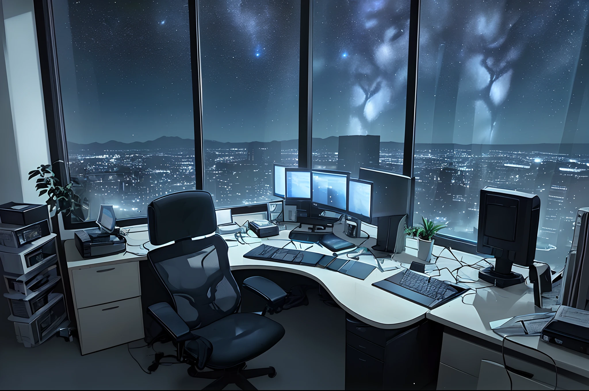 no humans, business office, window, night sky, starry sky, intimate lighting, office chairs, computer desk, computer screen, spirals on computer screen,