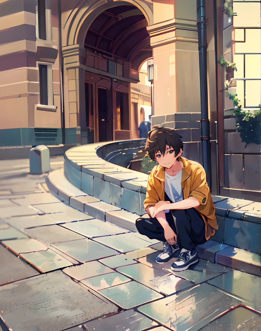 there is a young boy sitting on the curb of a building, artwork in the style of guweiz, anime style mixed with fujifilm, realistic anime 3 d style, high quality anime artstyle, makoto shinkai. digital render, anime style 4 k, realistic anime artstyle, anime realism style, anime boy, makoto shinkai cyril rolando