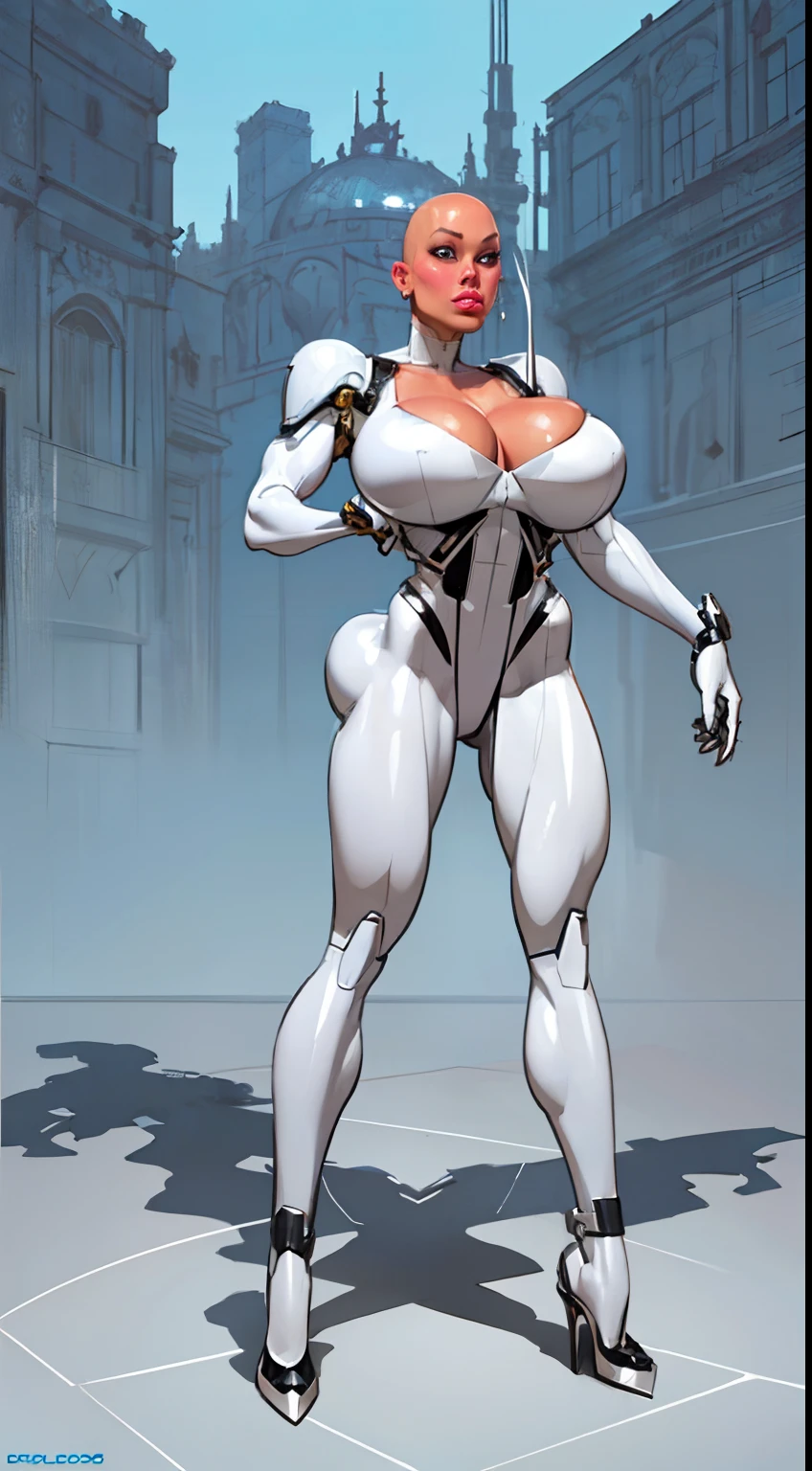 8k ((full body view))((view from below:1.5)),(large eyes:1.3), defined cheekbones, looking back, ((the pit style:1.4))((sleek chrome bodysuit:1.6)) ((intricate metal details:1.4))detailed face:1.5), lightblue skin,(puffy lips:1.5) (lightblue skin:1.6), (bald woman:1.7), (skinhead) ((sexy pose)),(Muscular:1.3), ((gigantic breasts:1.5)), )highly detailed, majestic, digital photography, art by artgerm and ruan jia and greg rutkowski, ((metal shoulder pads:1.2)), (masterpiece), sidelighting, intricate details, (((white color palette)))