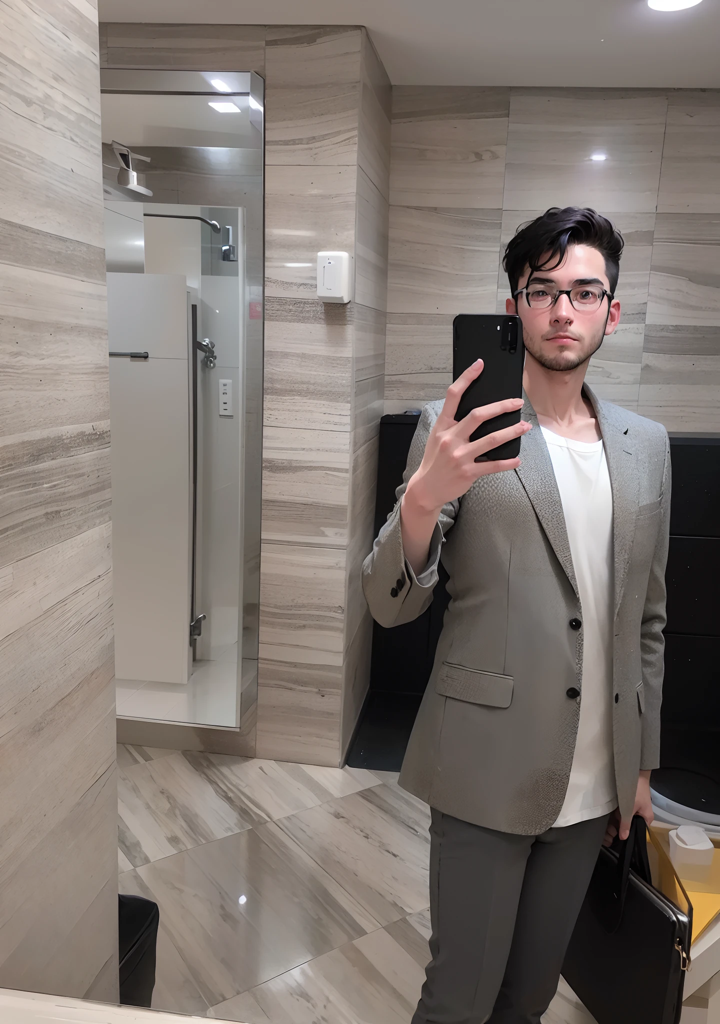 A man takes a selfie in the bathroom mirror, 2 7 years old, 2 8 years old, Wearing a suit and glasses, 2 9 years old, photo taken in 2 0 2 0, in bathroom, 2 4 years old, profile photo, 2 3 years old, Wearing an old suit, 2 2 years old, 3 2 years old