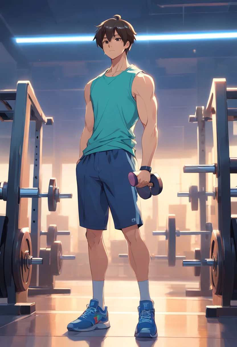 male people age 30s asian human short-haired Thin macho traning trainingwear Pants Style training gym is standing Dumbell Dumbbell curls Holding dumbbells