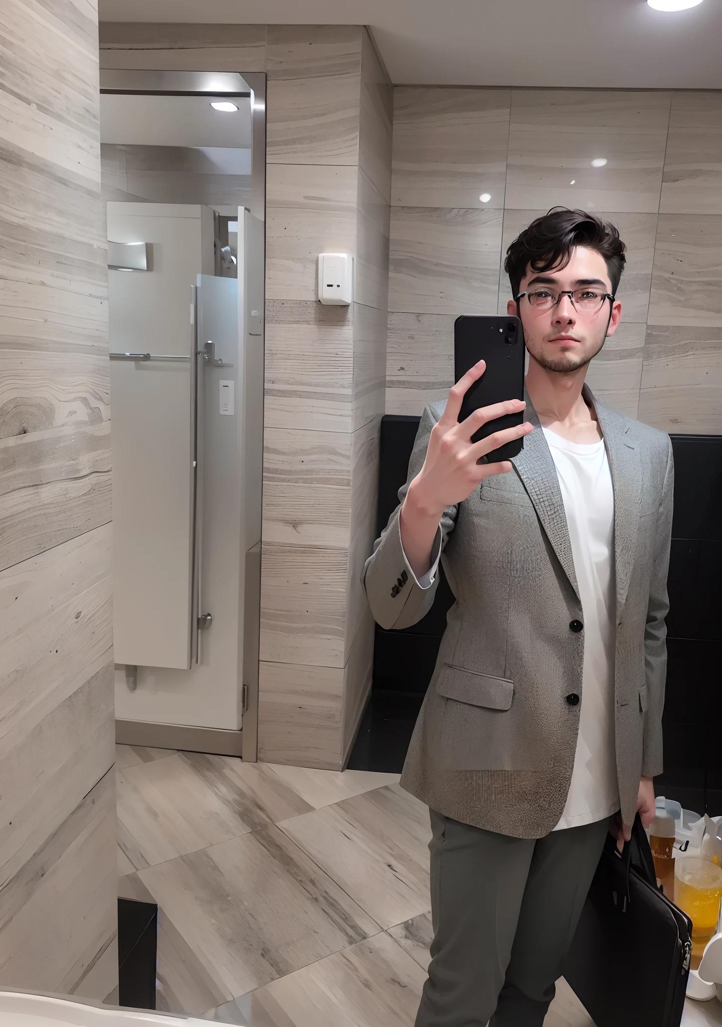 A man takes a selfie in the bathroom mirror, 2 7 years old, 2 8 years old, Wearing a suit and glasses, 2 9 years old, photo taken in 2 0 2 0, in bathroom, 2 4 years old, profile photo, 2 3 years old, Wearing an old suit, 2 2 years old, 3 2 years old