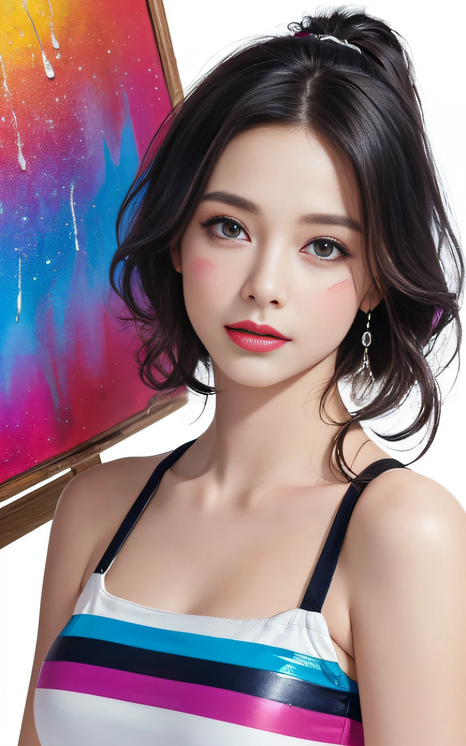 Full body portrait, standing, (colorful fashion ultra-small mini bikini: 1.9), (colorful hair: 1.8), (all colors of the rainbow: 1.8), (vertical: 1.6))), (painting, painting, portrait), cartoon, illustration, painting, large, crystal clear eyes, (rainbow gradient high ponytail: 1.7), exquisite makeup, mouth closed, (small fresh(1.5), (Big: 1.6), long eyelashes, looking at the audience, big watery eyes, (iridescent hair: 1.6), color splash, (solo, :1.8), color splash, color explosion, thick paint style, messy lines, ((sparkling)), (colorful), (colorful), colorful, colorful, chic paint style, (splash) (color splash), vertical painting ,, Paint splash, acrylic pigment, gradient, paint, best quality, best quality, masterpiece, , solo, , depth of field, face paint, colorful clothing, (elegantly: 1.2), gorgeous,long hair, wind, (elegantly: 1.3), (petals: 1.4), (Masterpiece,))))), (Best Quality))), (Ultra detailed))), (Illustration), (Dynamic Angle), ((Floating)), (Paint), (((disheveled hair)), (Solo,), (1 girl), (Detail anima face)))), (Beautiful Detail Face)), Collared, Bare shoulders, White hair, (((Colorful hair)), ((Striped hair)), Beautiful detailed eyes, (Gradient colored eyes), (Colorful eyes)))), ((High Saturation))))) , (((surrounded by colorful splashes))),