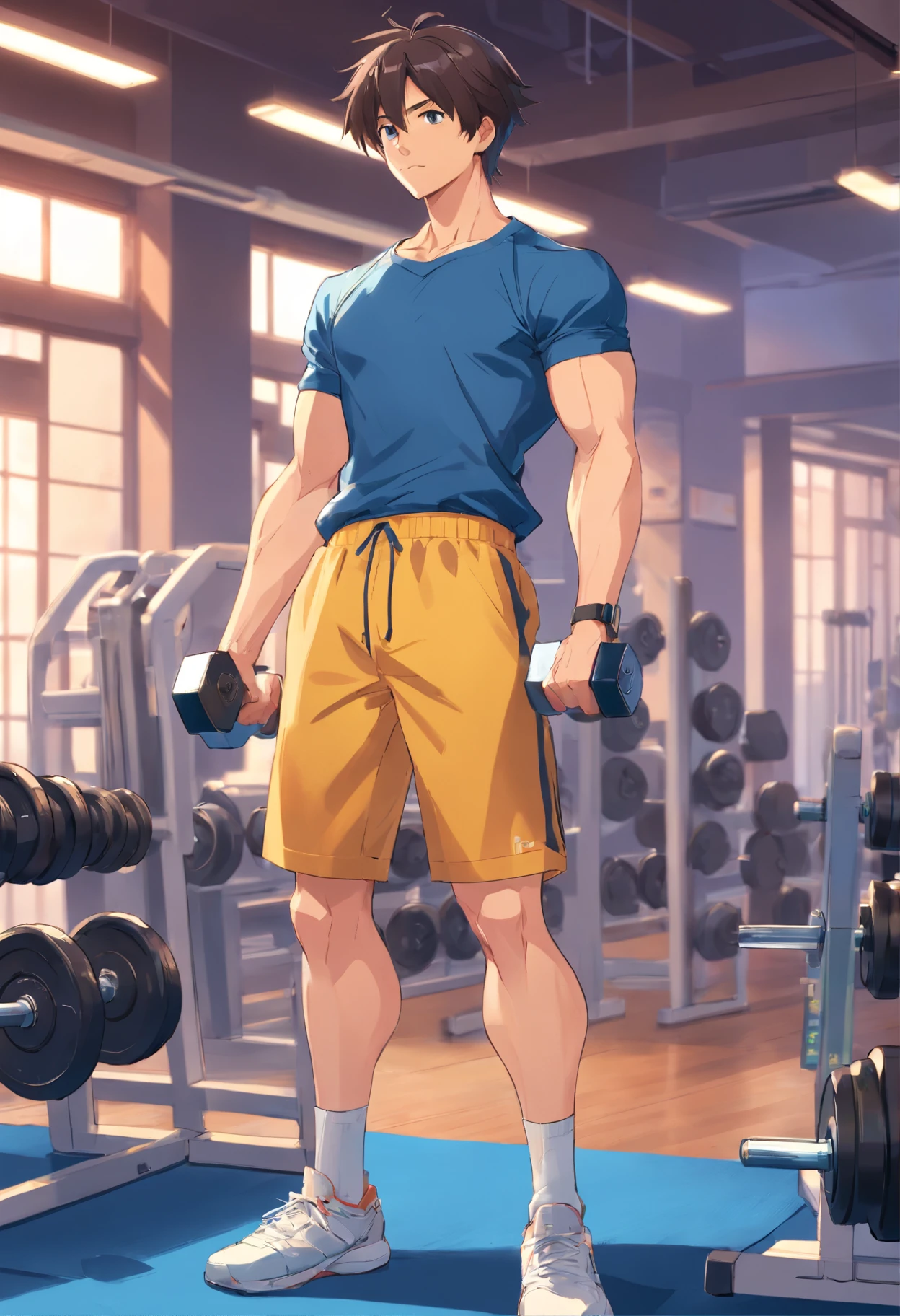 best quality, masterpiece, amazing details, (handsome muscular man with curly brown hair), exaggerated tiny waist, oversized white crop top tshirt with grindr logo print, tiny booty short, bulge, penis outline, rollerblading fast on sidewalk, zooming towards camera, in a crowded park, perfect fingers, no watermark, no logo, no signature