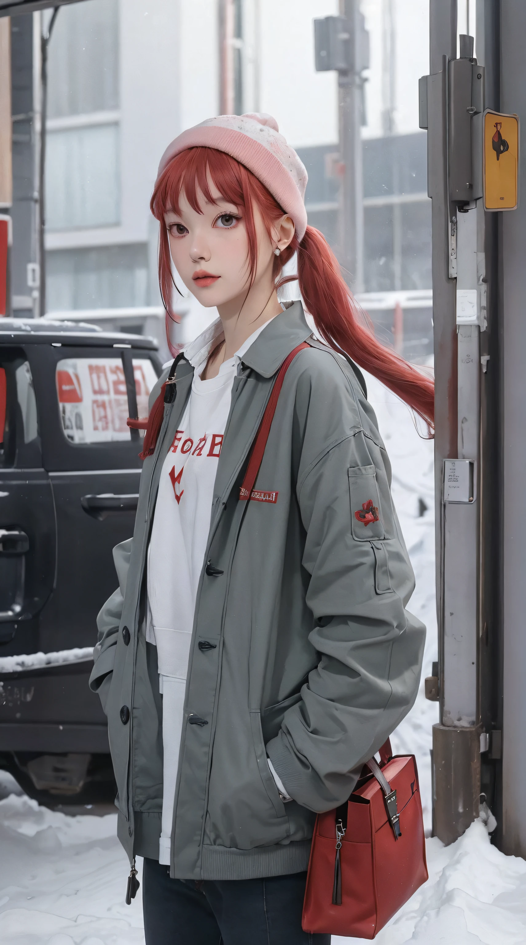 ayasakairemi, 1girl, high school girl, teenager, twintails, red hair, red eyes, perfect body, perfect breasts, wearing a beanie, wearing a winter jacket, wearing a duffle coat, carrying a bag, wearing a watch, wearing earrings, in front general, creatures in tokyo city, being on the street, snow on the street, it's snowing, looking at the viewer, a slight smile, realism, masterpiece, textured skin, super detailed, high detail, high quality, best quality, 1080p, 16k