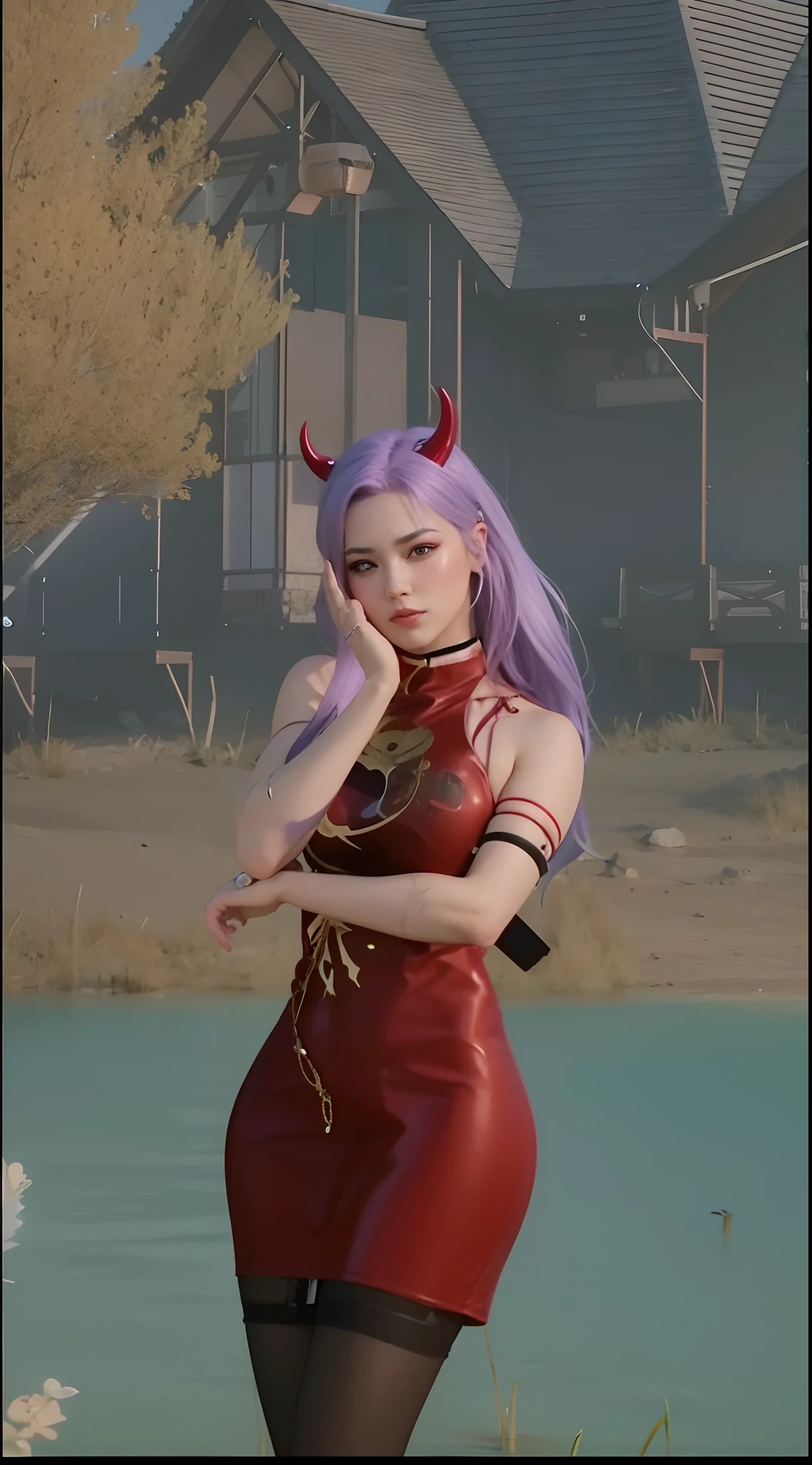 ((super realistic)), arafed woman in a chinese red suit and red horn wiht purple hair standing in front of lake, style game square enix, realistic artstyle urban girl fanart, trending on cgstation, fashion gameplay screenshot, realism artstyle, diesel punk female, game cg, casual pose, realistic anime 3 d style, trending at cgstation, detailed face, detailed eyes, hand on cheek,