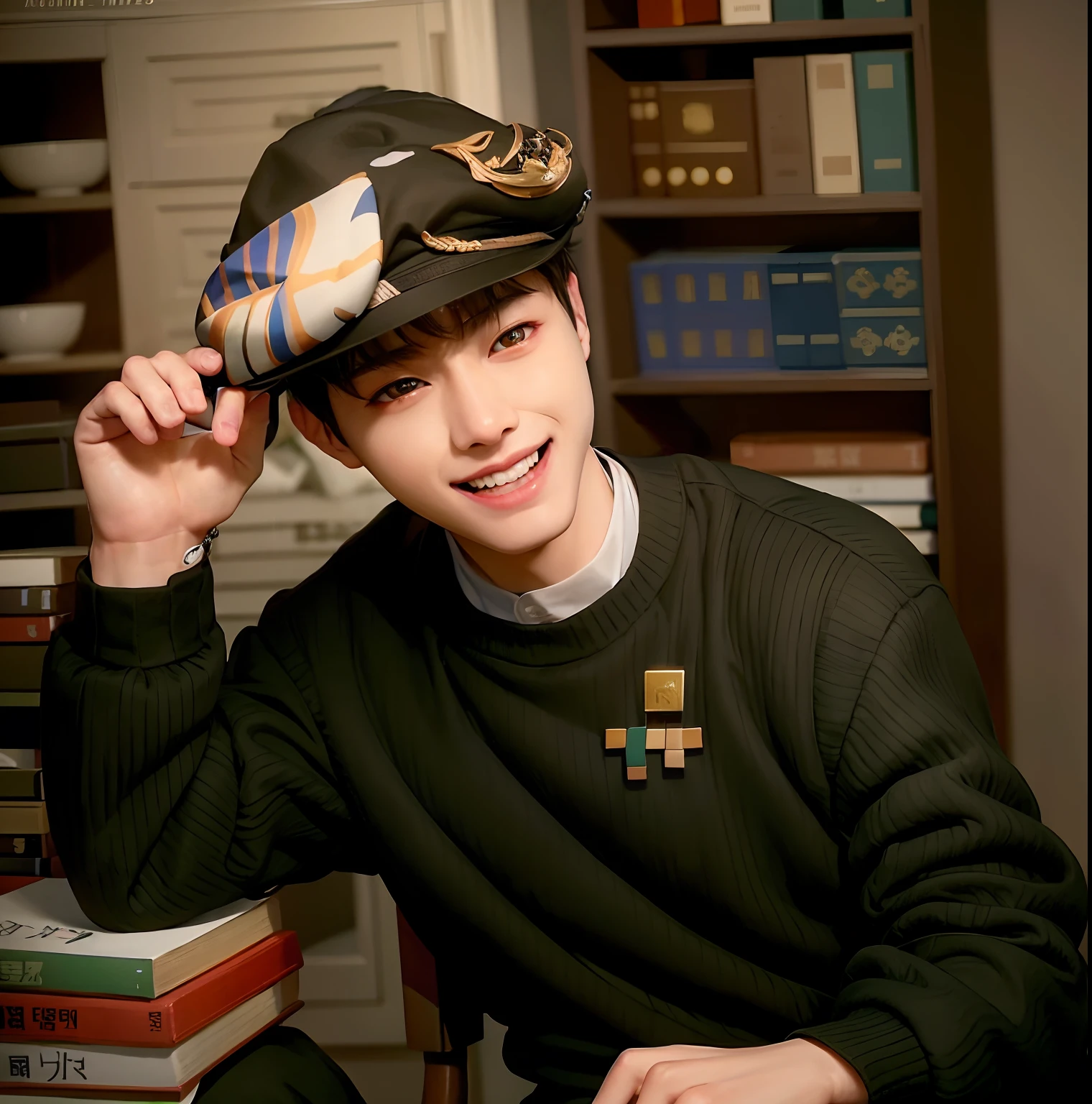 there is a man wearing a hat and a sweater sitting down, jimin, park jimin, taejune kim, inspired by Bian Shoumin, hyung tae, cai xukun, inspired by Song Maojin, hong june hyung, fanart, wan adorable korean face, inspired by Kim Myeong-guk, kim doyoung, shin jeongho, inspired by Kim Hwan-gi