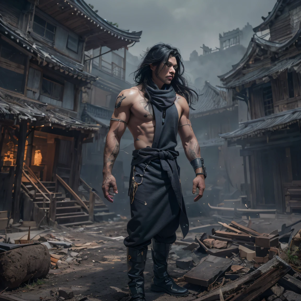 Full body male chef 32K(tmasterpiece,k hd,hyper HD,32K)Long flowing black hair,Camping ruins area,zydink, a color, patriot (废墟), (Linen batik scarf), Angry fighting stance, looking at the ground, Linen bandana, Chinese python pattern long-sleeved garment, (Abstract gouache splash:1.2), Dark clouds lightning background,Flour flies(realisticlying:1.4),Black color hair,Flour fluttering,Background fog, A high resolution, the detail, RAW photogr, Sharp Re, Nikon D850 Film Stock Photo by Jefferies Lee 4 Kodak Portra 400 Camera F1.6 shots, Rich colors, ultra-realistic vivid textures, Dramatic lighting, Unreal Engine Art Station Trend, cinestir 800,Flowing black hair,(((Male chef))),irate,