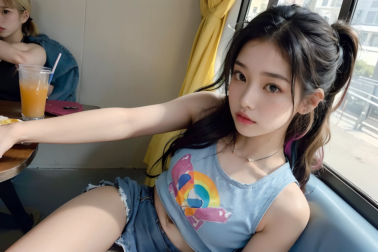 ((1girl), briana junko, 17 years old, ((wearing rainbow coloured tank top and denim skirt)), ((latino and korean mixed descent)), long black wavy hair tied in a messy ponytail) having lunch in a diner with ((1boy), 19 years old, short blonde hair, )