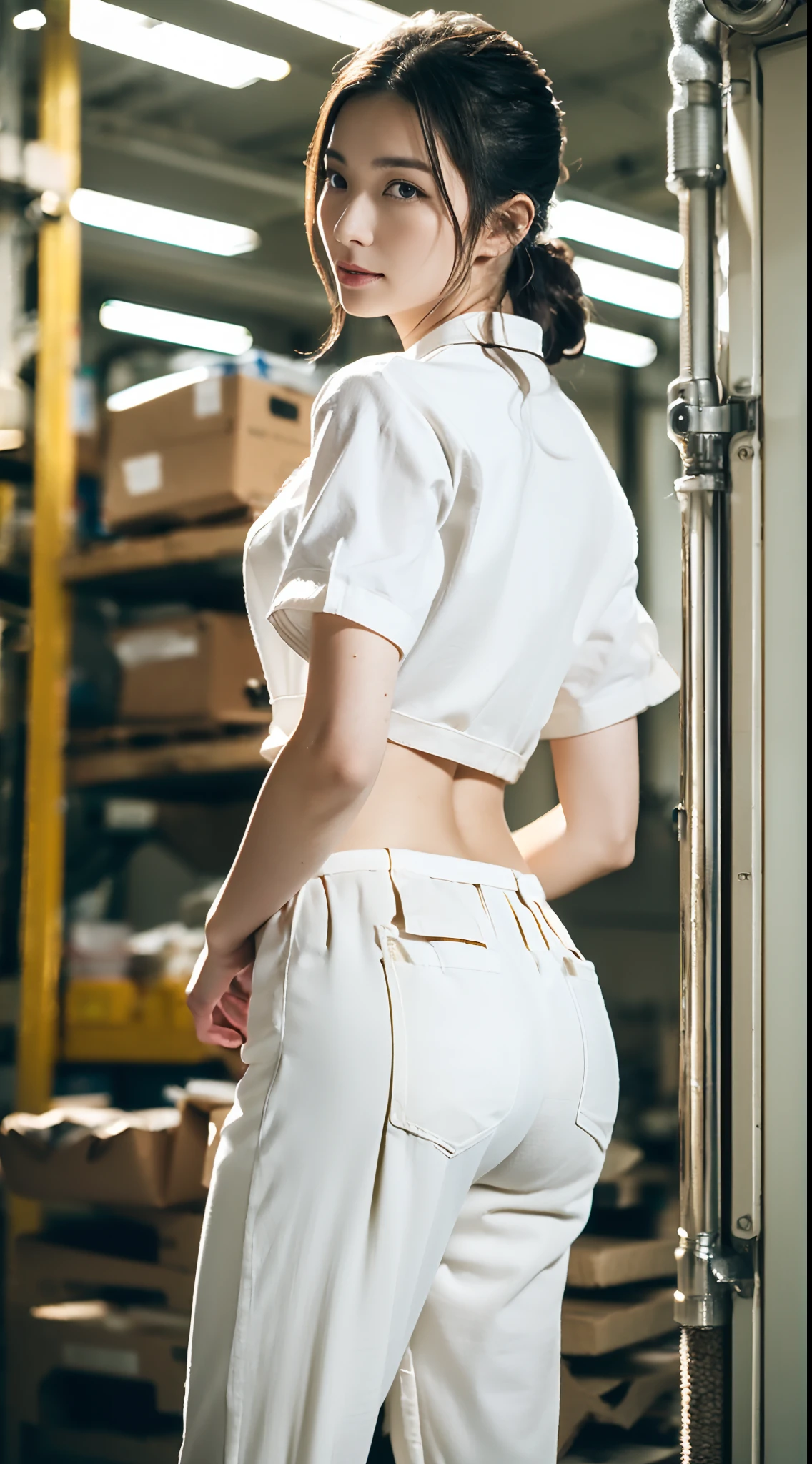 masutepiece, Best Quality, 超A high resolution,(photographrealistic:1.4) (depth of fields),(Lens Glow) ,inside factory:1.5、a Pretty Japanese woman1a person:1.5、(White Workwear Pants:1.5)、(White workwear:1.5)、(posterior view:1.5)、Reach for the floor:2