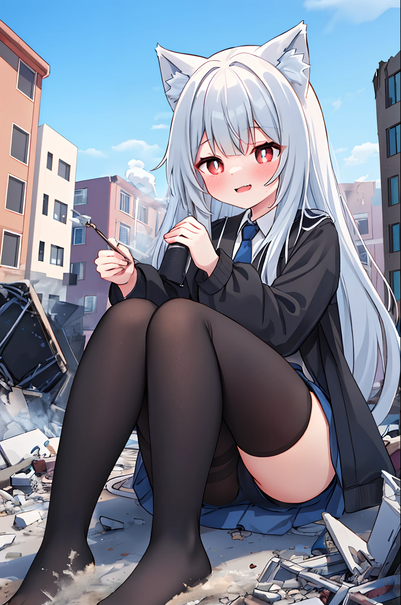 Girl, , full bodyesbian, Bigger than the building,No shoes,{Black stockings},Black jacket with white shirt ,Blue tie,Dark gray hair,Wolf ears,Light red eyes,A cold expression, Destroyed buildings, Sitting on a destroyed building,GTSCity, As a giantess, Bright pupils, Smile, Naughty face, 16k, High quality, High details, Anatomically correct, Textured skin,The feet emit steam,Fleeing crowds,