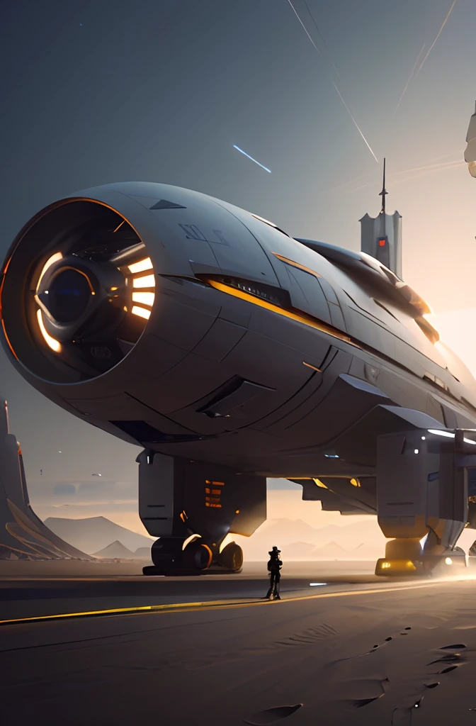 spaceship on a desert with a man walking towards it, star citizen digital art, concept art 8 k, 8 k high detail concept art, detailed sci-fi art, detailed spaceship, futuristic spaceship, nicolas bouvier sparth, wojtek fus, spaceship concept art, futuristic starship, in the art style of filip hodas, by Christopher Balaskas