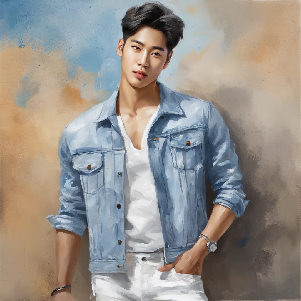 Alafed male model in white jeans and denim jacket leaning against wall, Korean Male, Jinyoung Shin, korean muscle boy 2 1 years old, model with attractive body, Cai Xukun's, taejune kim, male model, siwoo kim, inspired by Joong Keun Lee, Hyuntae, inspired by jeonseok lee, sun-hyuk kim, with abs