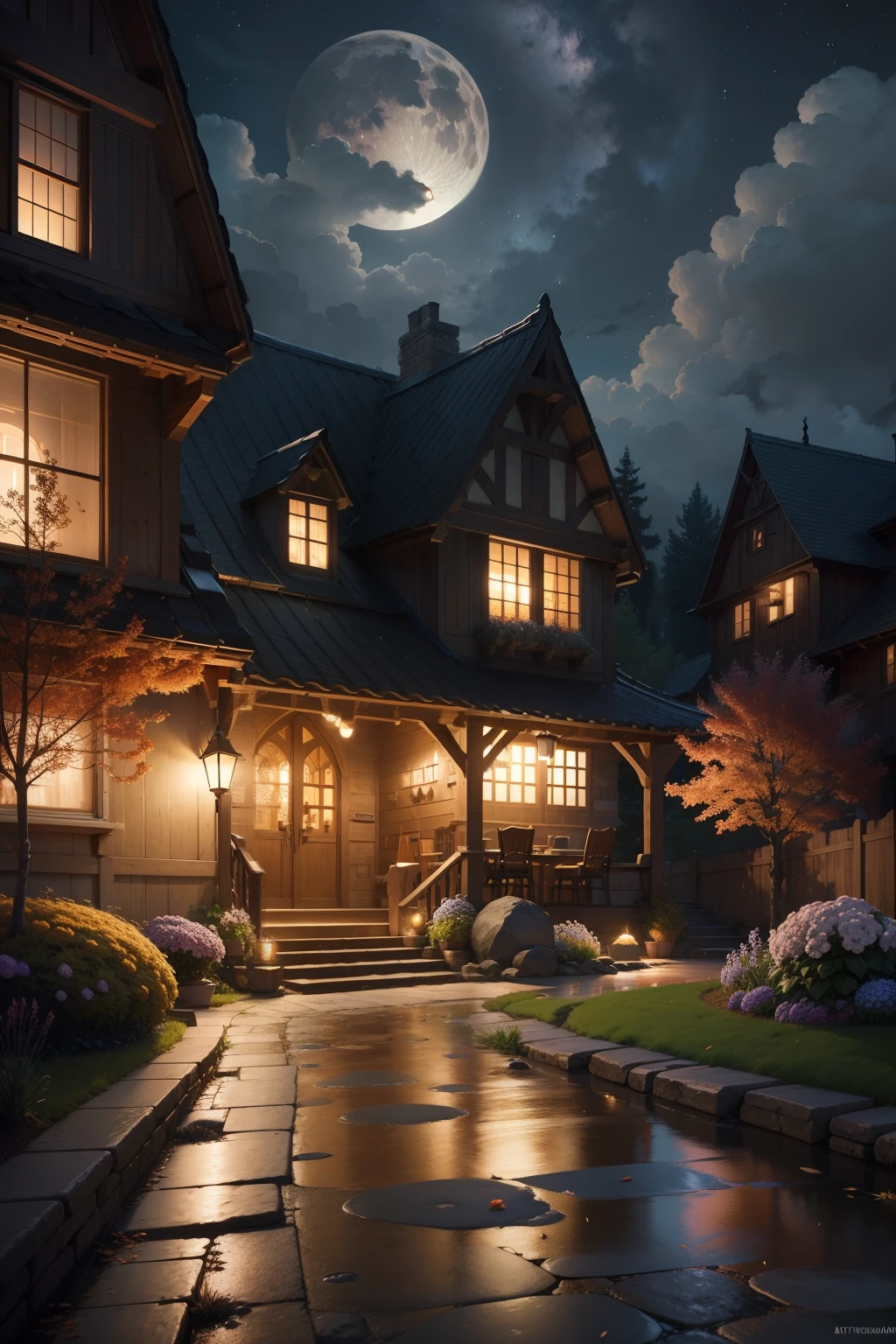 masterpiece, best quality, high quality, extremely detailed CG 8k wallpaper unit, scenery, outdoor, establishment, medieval tavern, autumn sky, autumn dusk, autumn-winter, overcast sky, big moon shining, award-winning photography, Depth of Field, HDR, flowers, water fountain, hydrangea, Photorealistic, extremely detailed, intricate, high detail, dramatic, art in the middle of the journey,  trend in artstation, trend in CGsociety, chromatic aberration.
