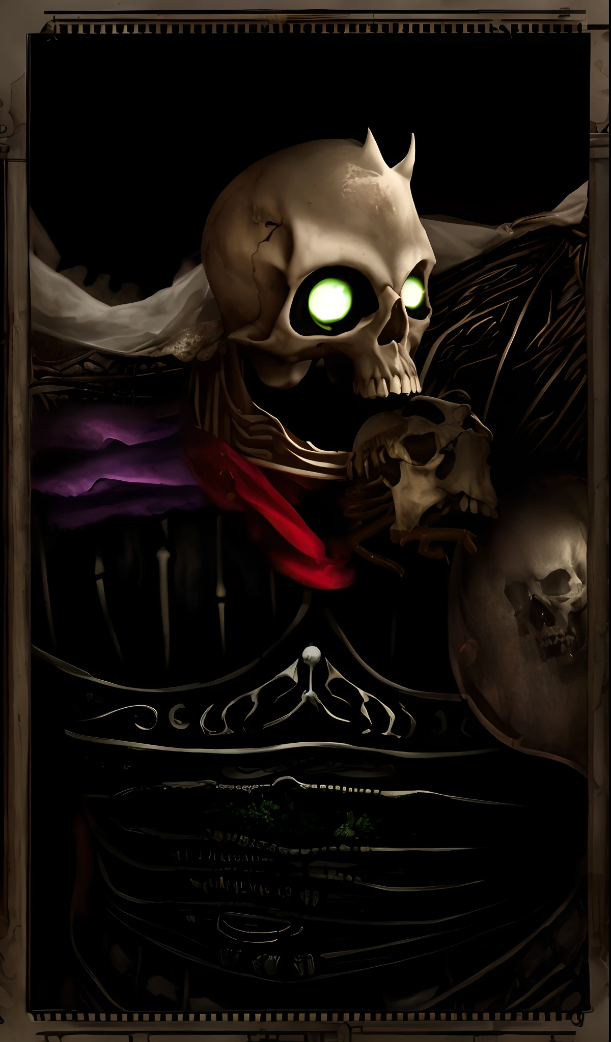 masterpiece, realistic, high quality, skeleton in cloth dress and armor, lich with glowing green eyes, skull face, evil necromancer, the lord of pestilence, portrait of an necromancer, skeleton warrior, undead lich, portrait of a holy necromancer, baldur's gate character portrait, undead skeleton king