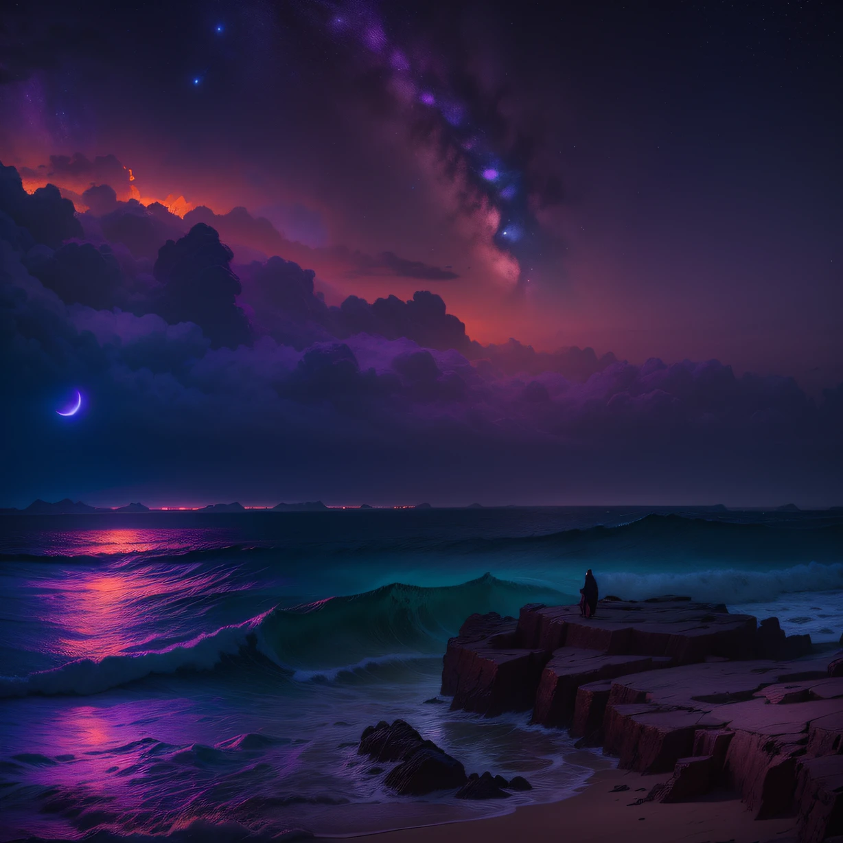 The male god looked at the night sky，See colorful shooting stars，Impeccable(Masterpiece, Best quality:1.4), Cinematic light, Colorful, High contrast, neonlight, sky, Sunlight, space, beach, wave, No Man, Expansive landscape photography, (Look at the sky and sea below，A lot of purple and orange are used, Details,