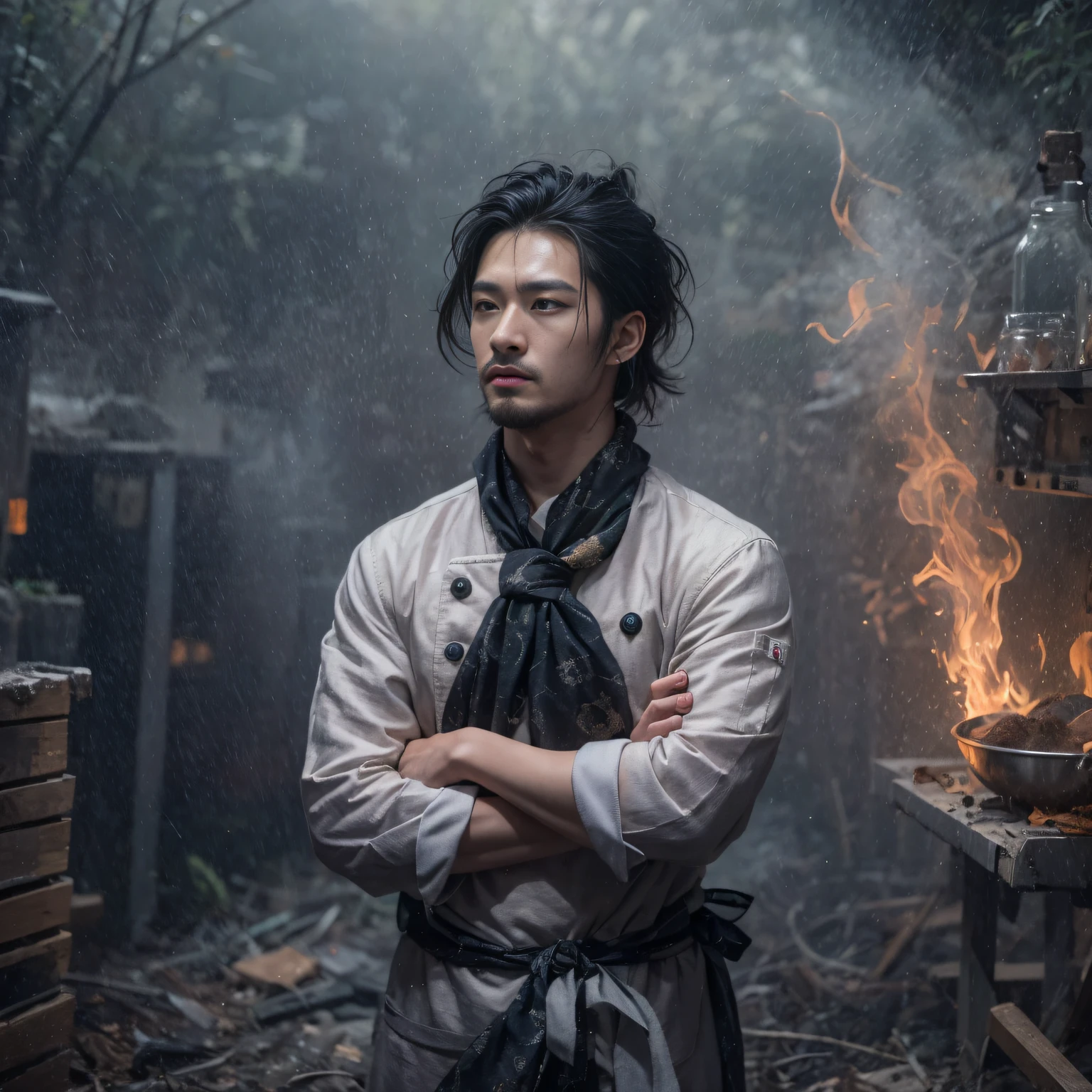 Full body male chef 32K(tmasterpiece,k hd,hyper HD,32K)Long flowing black hair,Camping ruins area,zydink, a color, patriot (废墟), (Linen batik scarf), Angry fighting stance, looking at the ground, Linen bandana, Chinese python pattern long-sleeved garment, (Abstract gouache splash:1.2), Dark clouds lightning background,Flour flies(realisticlying:1.4),Black color hair,Flour fluttering,Background fog, A high resolution, the detail, RAW photogr, Sharp Re, Nikon D850 Film Stock Photo by Jefferies Lee 4 Kodak Portra 400 Camera F1.6 shots, Rich colors, ultra-realistic vivid textures, Dramatic lighting, Unreal Engine Art Station Trend, cinestir 800,Flowing black hair,(((Male chef))),irate,