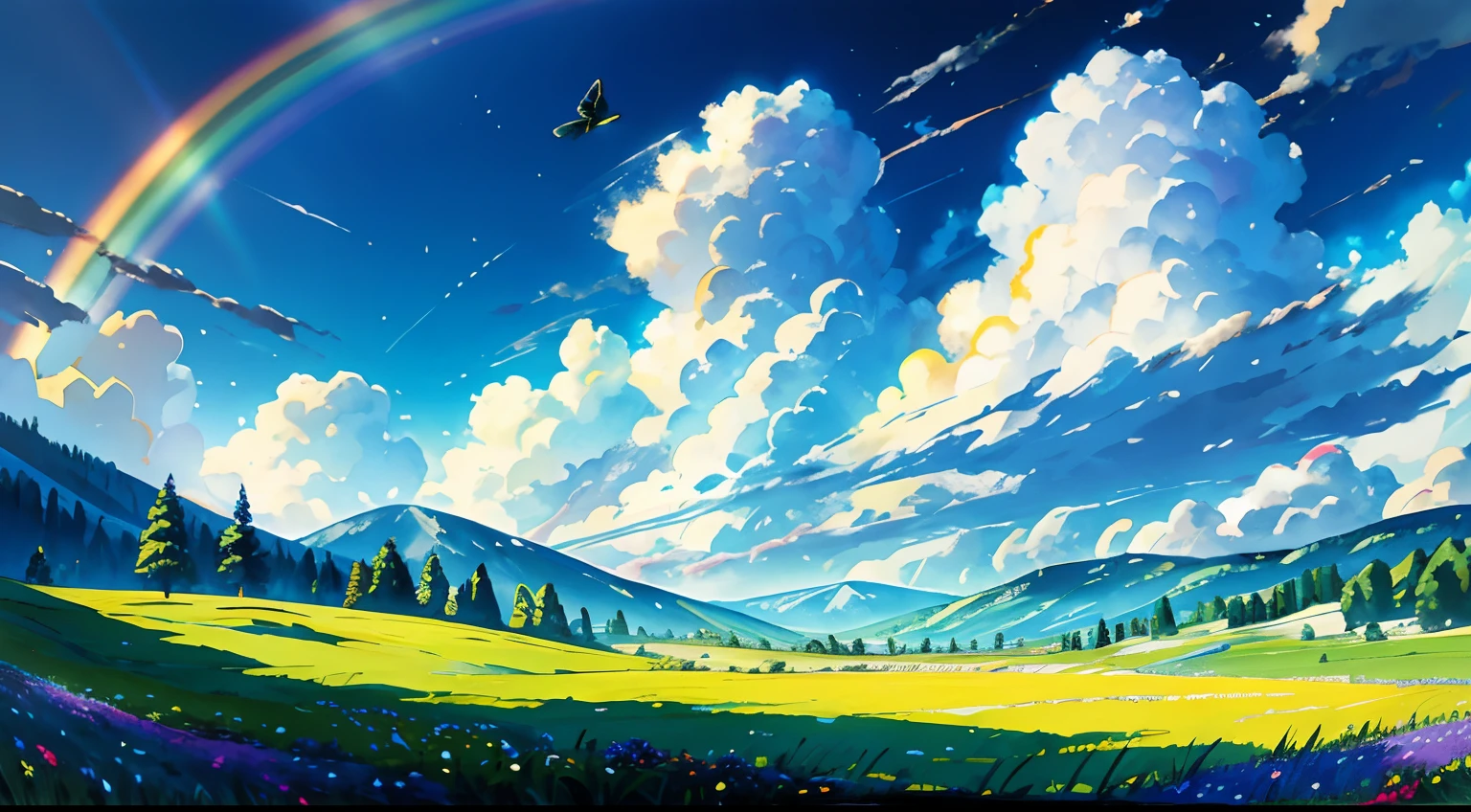 (From below, Upper air, open fields below), Blue sky, white clouds, Sun, Sunlight, fields, mountainscape, Trees, butterfly, meadows, Flowers, Wind, Sunshine, (dynamic compositions: 1.4), rich detail, Rich in color, (Rainbow colors: 1.2), (Luminous, Atmospheric lighting), Dreamy, Magical,