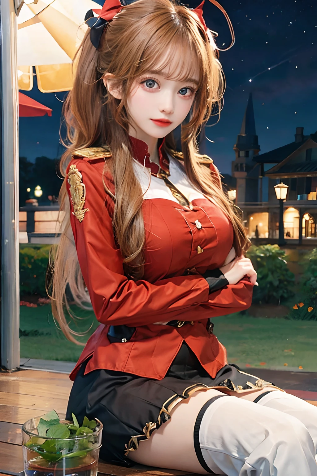 a sexy woman, pantyhose, naval officer uniform, miniskirt, cleavage, smile, docks at night, cowboy shot, highly detailed, HD, 4K, Masterpiece, highres