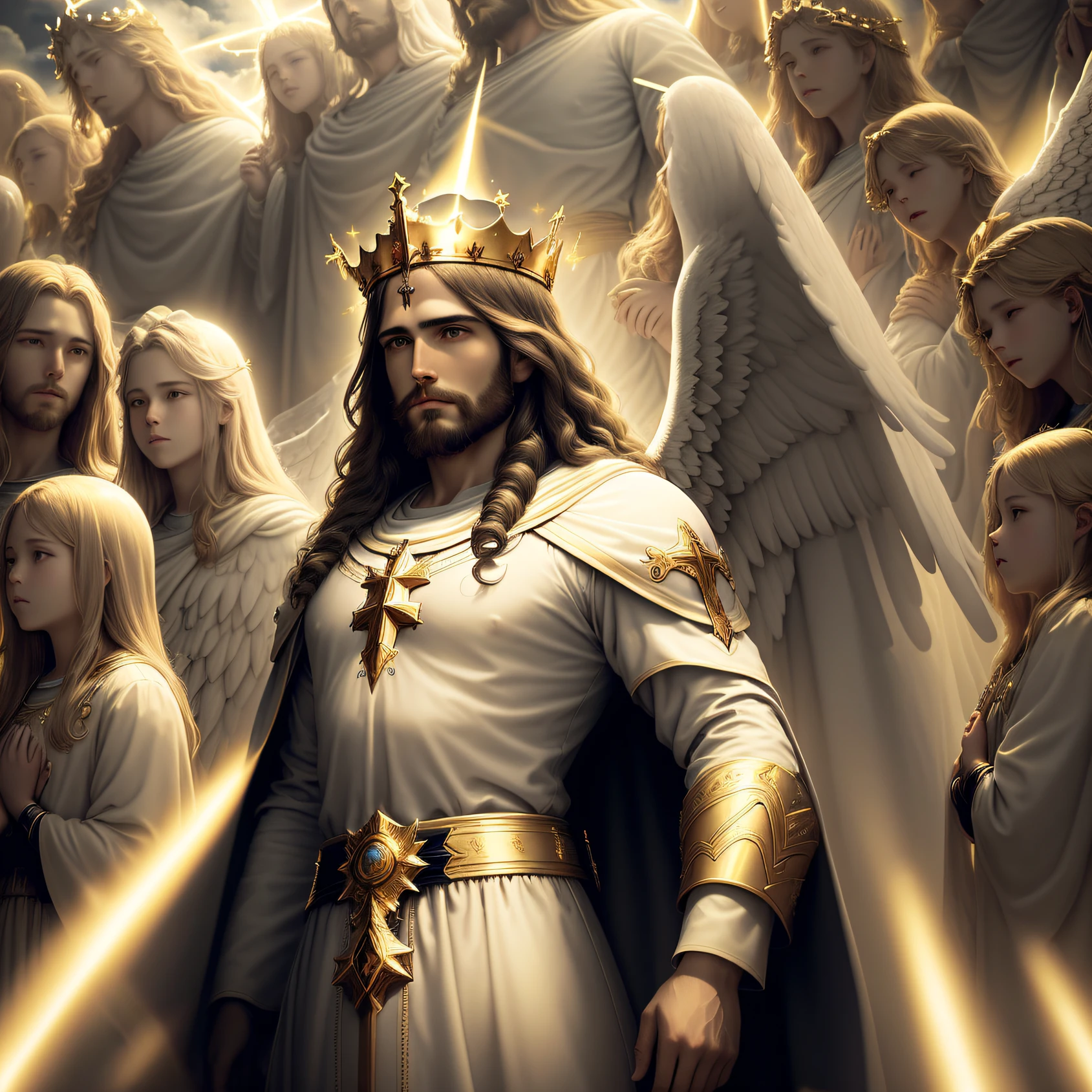 "Amidst the voluminous clouds, Jesus, the majestic king, sits gracefully adorned with a golden crown. In a wide shot, He is accompanied by His army of angels as He prepares to return triumphantly to Earth, surrounded by the ethereal radiance of volumetric light."
