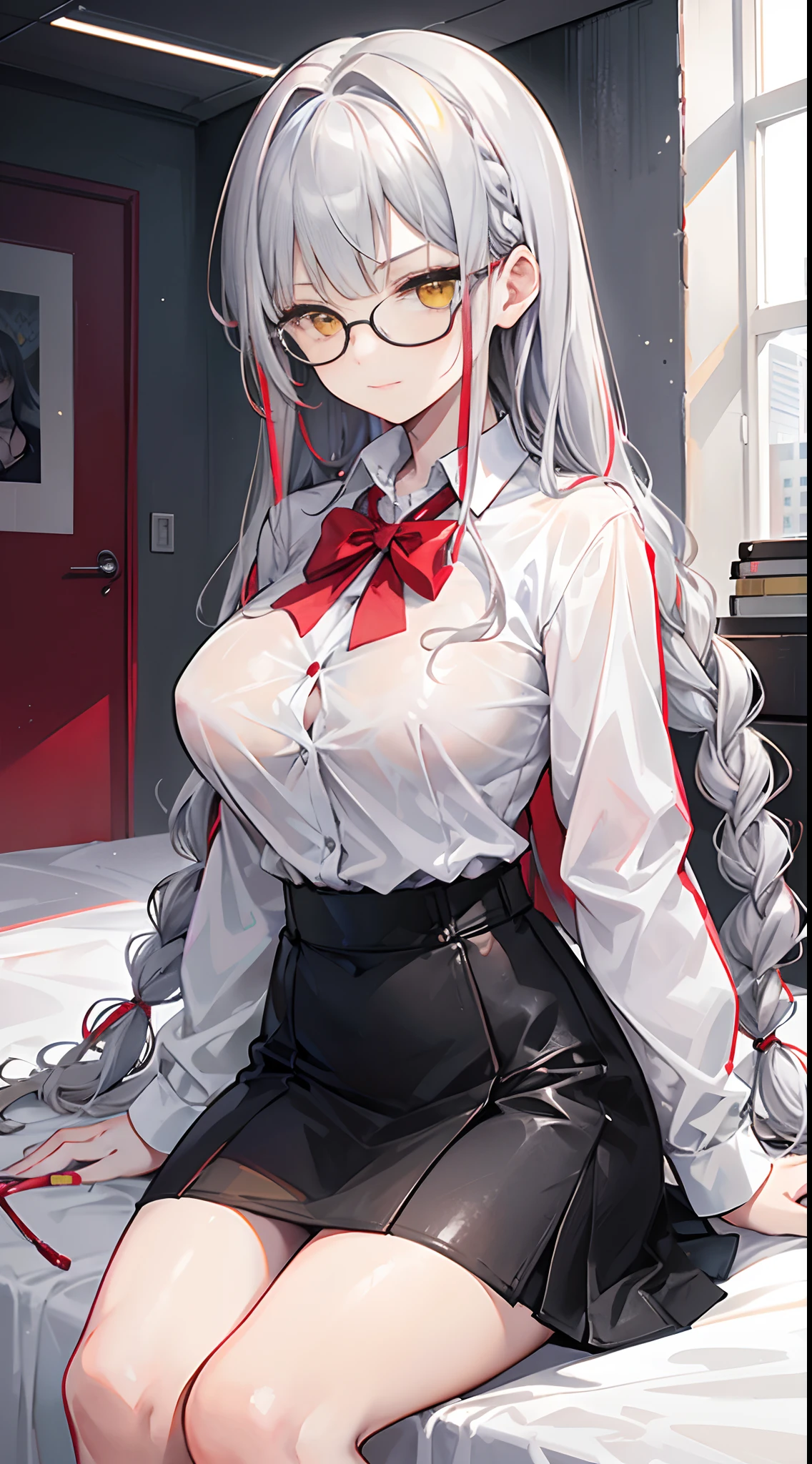 18-year-old girl with silver hair with red highlights., yellow eyes, Big breasts. long-haired,Braid left and right, Wear glasses, Wear a white long-sleeved shirt.....button up. Black miniskirt, sitting on the bed,....With a slightly smiling face.....