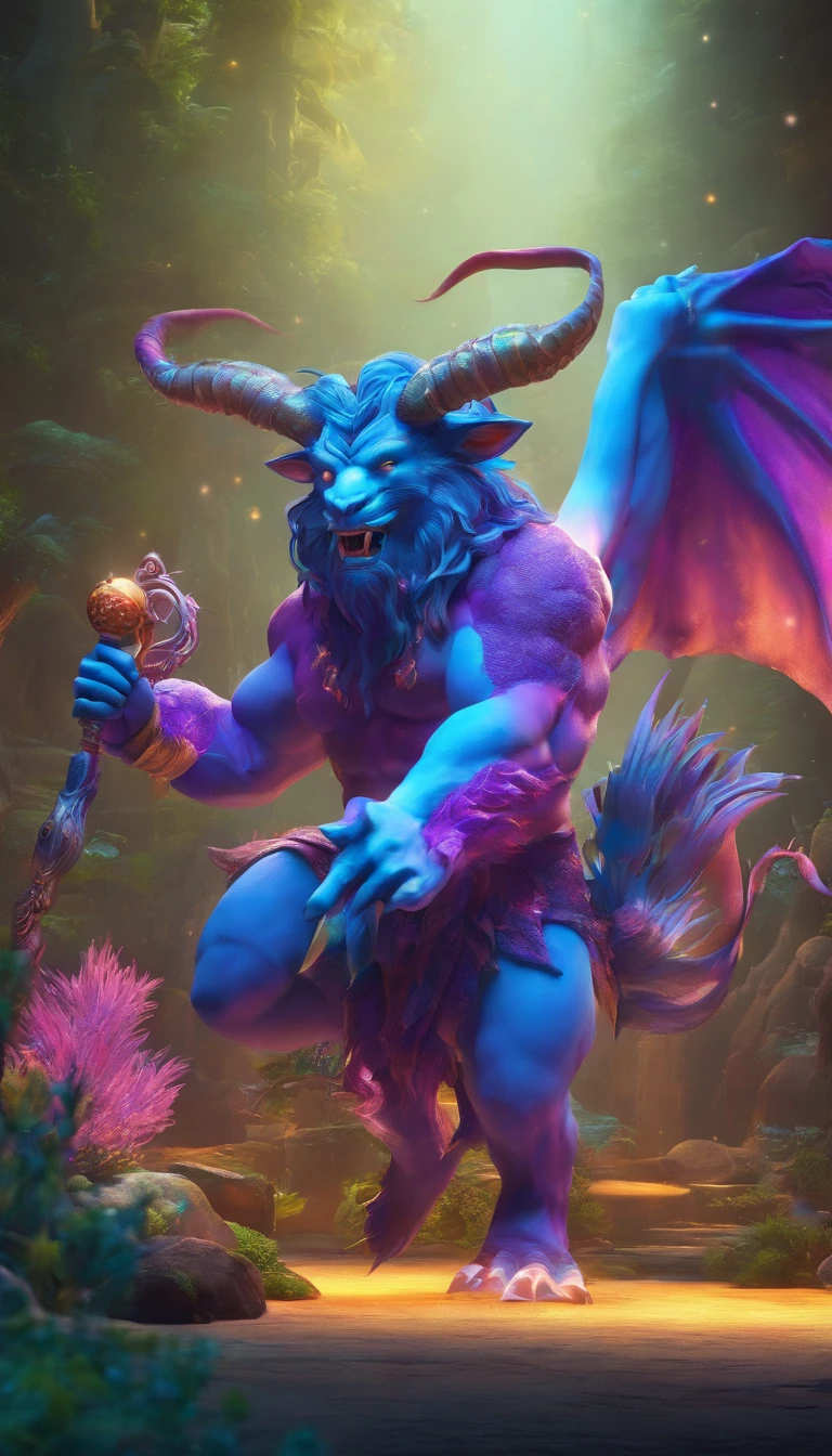 Minotaur, fur a vivid light blue, long fangs, blue and purple fish fins, blue and purple tentacles, blue and purple antenna holding luminescent orbs, head glowing iridescent sea-green, best quality, masterpiece