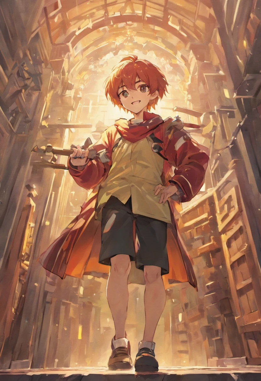 Please enter the following in English。
Anime style、Smiling Japan、twinks、carpenter、architects、Full body like、Good pose with one hand、With the other hand a huge hammer on his shoulder、