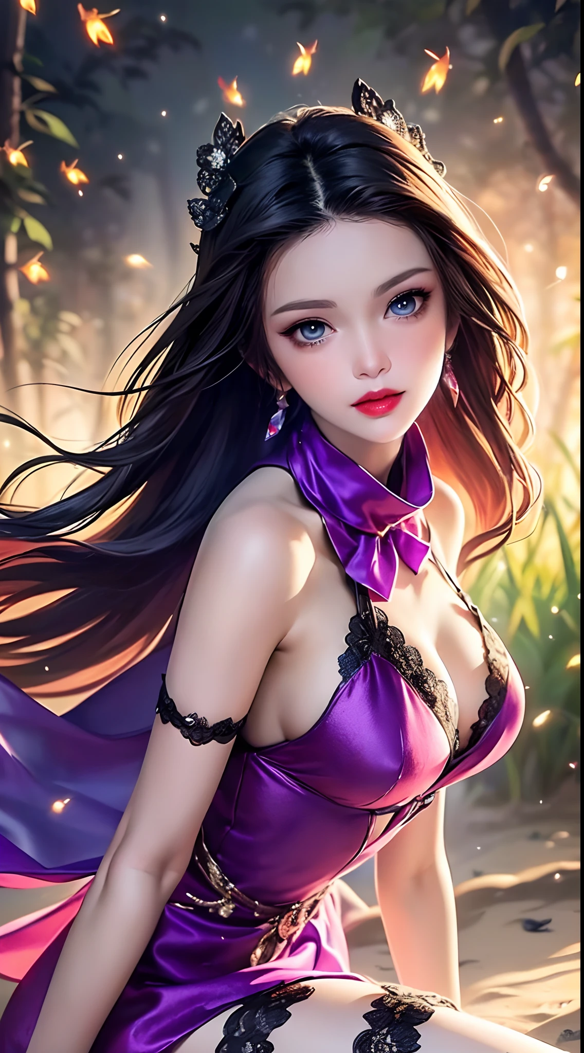 1 beautiful and sexy 20 year old girl, ((Wearing a super thin red nightgown looks extremely sexy:2)), ((a dress with diamonds:1.7)), ((long purple hair:1.6)), jewelry elaborately made from precious stones and beautiful hair, ((A thin red silk scarf covers half of the face:1.5)), (((wearing a thin light purple silk mask:1.5))), the noble, noble style of an extremely beautiful girl, her small face is super cute, her face is very pretty, thin eyebrows, flawless beautiful face, ((black eye pupils: 0.8)), very beautiful eyes, ((purple eyes: 1.6)), (((big round eyes:1.6))), nice makeup and hair detailed eyelashes, steamy eye makeup, high nose, earrings, red lips, ((closed mouth: 1.5)) beautiful lips, slim hands, most beautiful thighs, ((arms spread out to the sides: 1.5)), rosy face, flawless beautiful face, smooth white skin, (big breasts: 1.5)), ((high breasts: 1.6)), tight breasts, beautiful cleavage, (((big breasts and super round: 1.8))), ((super tight breasts: 1.7)) , beautiful breasts, perfect body, back arms, chest out, ((thin black mesh stockings with black lace trim:1.5)), ((sitting position with chest up and arms behind: 1.6)), ((open your legs:1.2)), don't be shy, 8k photo, super high quality, super realistic, super 10x pixels, optical, bright studio, bright edges, dual-tone lighting, (high-detail skin:1.2), super 8k, soft lighting, high quality, volumetric lighting, photorealistic, photorealistic high resolution, lighting, best photo, 4k, 8k quality, blur effect, smooth sharp, 10 x pixel, ((Beach at night and fireflies background:1.5)), aurora, lightning, super graphics realistic, most realistic graphics, 1 girl, alone, solo, Extremely sharp image, surreal, (((frontal portrait: 1.5)))."