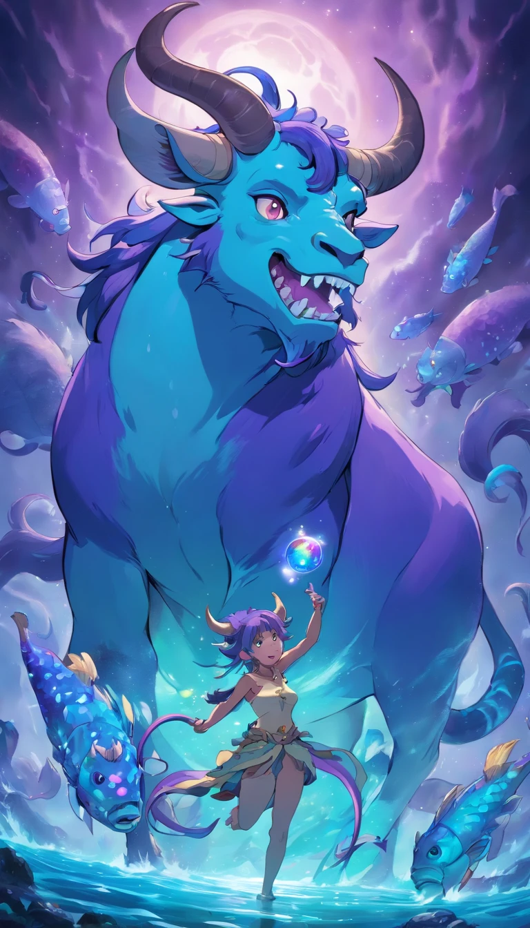 Minotaur, fur a vivid light blue, long fangs, blue and purple fish fins, blue and purple tentacles, blue and purple antenna holding luminescent orbs, head glowing iridescent sea-green, best quality, masterpiece