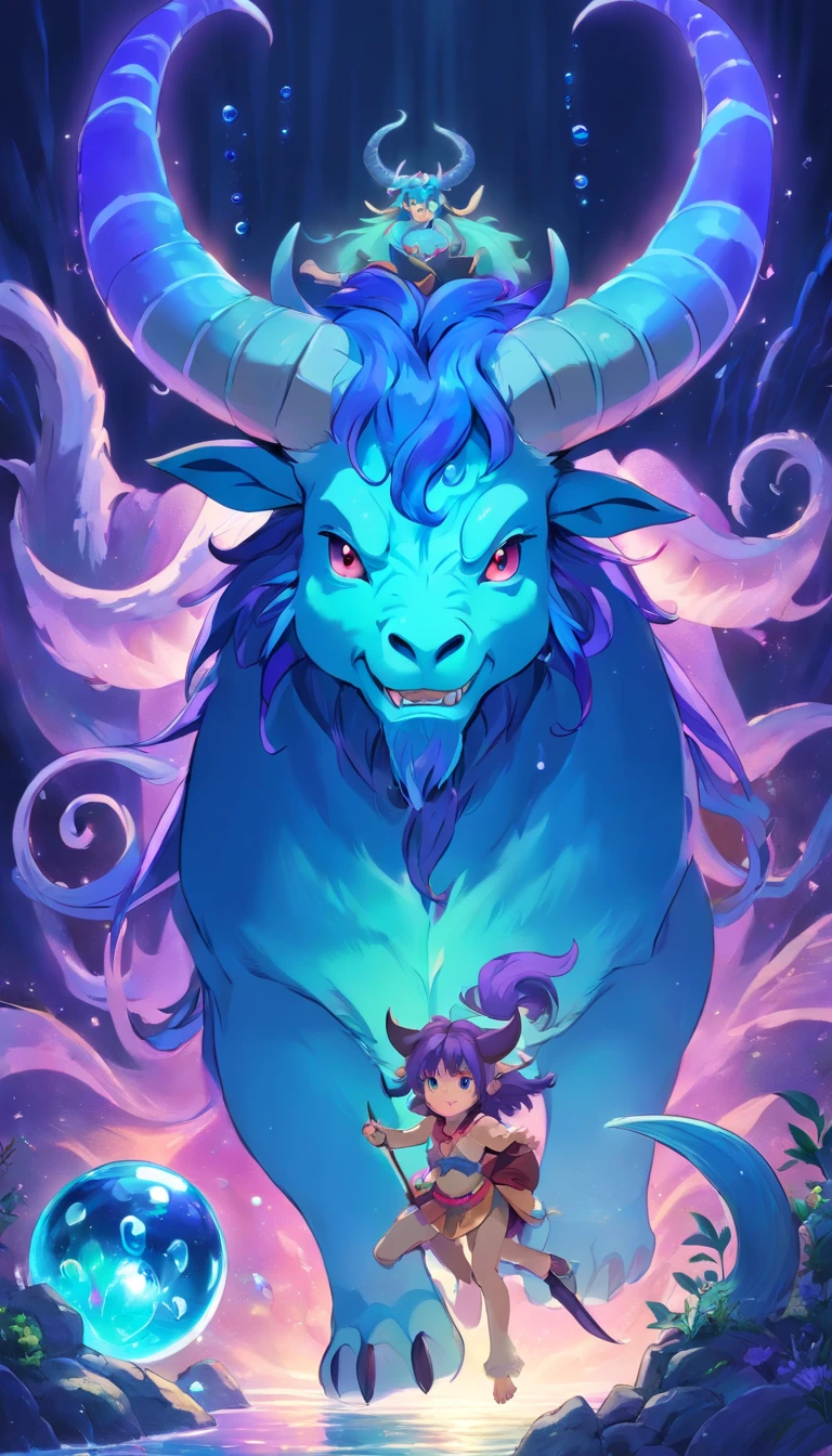 Minotaur, fur a vivid light blue, long fangs, blue and purple fish fins, blue and purple tentacles, blue and purple antenna holding luminescent orbs, head glowing iridescent sea-green, best quality, masterpiece