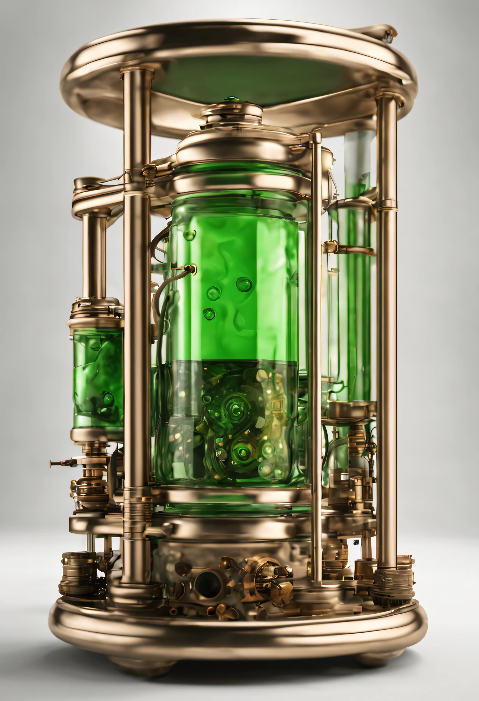 A steampunk cylinder battery with green liquid inside, rendu 3d, fond blanc, objet entier