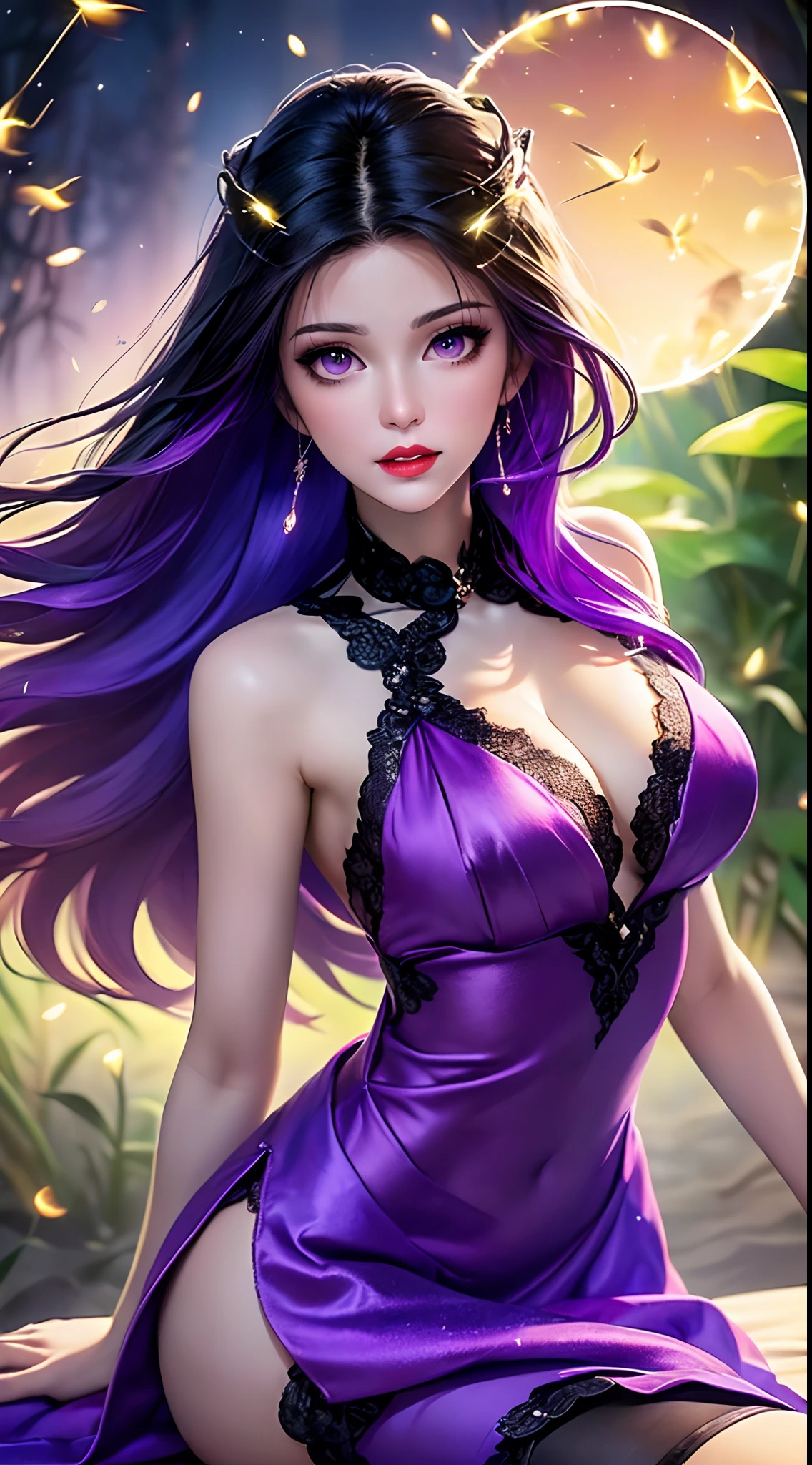 1 beautiful and sexy 20 year old girl, ((Wearing a super thin red nightgown looks extremely sexy:2)), ((a dress with diamonds:1.7)), ((long purple hair:1.6)), jewelry elaborately made from precious stones and beautiful hair, ((A thin red silk scarf covers half of the face:1.5)), (((wearing a thin light purple silk mask:1.5))), the noble, noble style of an extremely beautiful girl, her small face is super cute, her face is very pretty, thin eyebrows, flawless beautiful face, ((black eye pupils: 0.8)), very beautiful eyes, ((purple eyes: 1.6)), (((big round eyes:1.6))), nice makeup and hair detailed eyelashes, steamy eye makeup, high nose, earrings, red lips, ((closed mouth: 1.5)) beautiful lips, slim hands, most beautiful thighs, ((arms spread out to the sides: 1.5)), rosy face, flawless beautiful face, smooth white skin, (big breasts: 1.5)), ((high breasts: 1.6)), tight breasts, beautiful cleavage, (((big breasts and super round: 1.8))), ((super tight breasts: 1.7)) , beautiful breasts, perfect body, back arms, chest out, ((thin black mesh stockings with black lace trim:1.5)), ((sitting position with chest up and arms behind: 1.6)), ((open your legs:1.2)), don't be shy, 8k photo, super high quality, super realistic, super 10x pixels, optical, bright studio, bright edges, dual-tone lighting, (high-detail skin:1.2), super 8k, soft lighting, high quality, volumetric lighting, photorealistic, photorealistic high resolution, lighting, best photo, 4k, 8k quality, blur effect, smooth sharp, 10 x pixel, ((Beach at night and fireflies background:1.5)), aurora, lightning, super graphics realistic, most realistic graphics, 1 girl, alone, solo, Extremely sharp image, surreal, (((frontal portrait: 1.5)))."