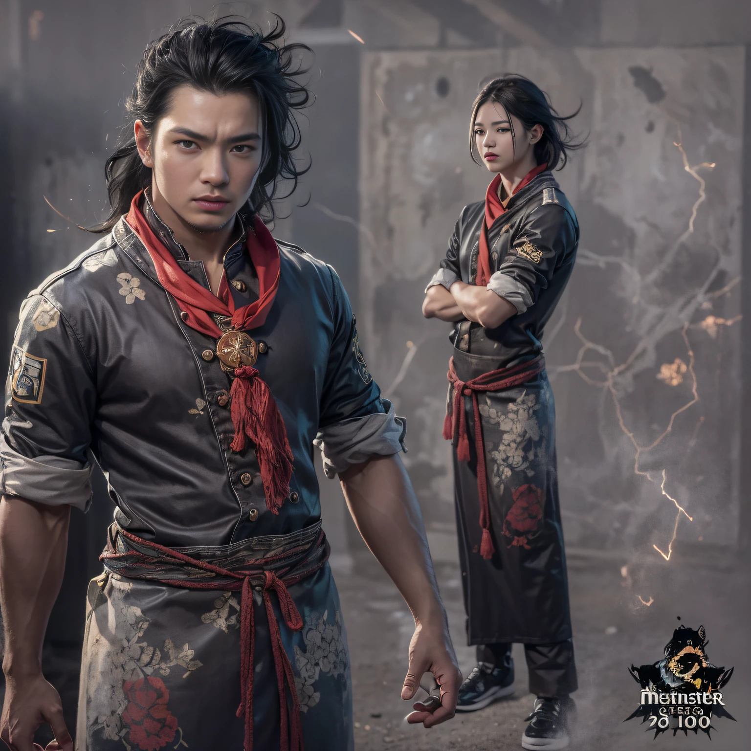 Full body male chef 32K(tmasterpiece,k hd,hyper HD,32K)Long flowing black hair,Camping ruins area,zydink, a color, patriot (废墟), (Linen batik scarf), Angry fighting stance, looking at the ground, Linen bandana, Chinese python pattern long-sleeved garment, (Abstract gouache splash:1.2), Dark clouds lightning background,Flour flies(realisticlying:1.4),Black color hair,Flour fluttering,Background fog, A high resolution, the detail, RAW photogr, Sharp Re, Nikon D850 Film Stock Photo by Jefferies Lee 4 Kodak Portra 400 Camera F1.6 shots, Rich colors, ultra-realistic vivid textures, Dramatic lighting, Unreal Engine Art Station Trend, cinestir 800,Flowing black hair,(((Male chef))),irate,