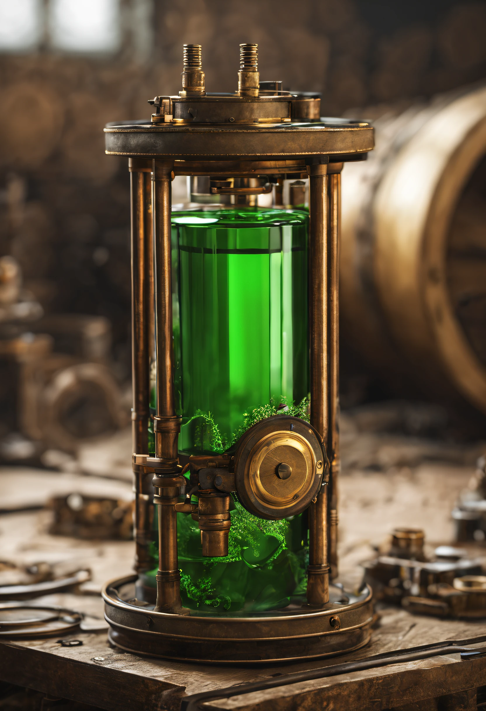A steampunk cylinder battery with green liquid inside, rendu 3d