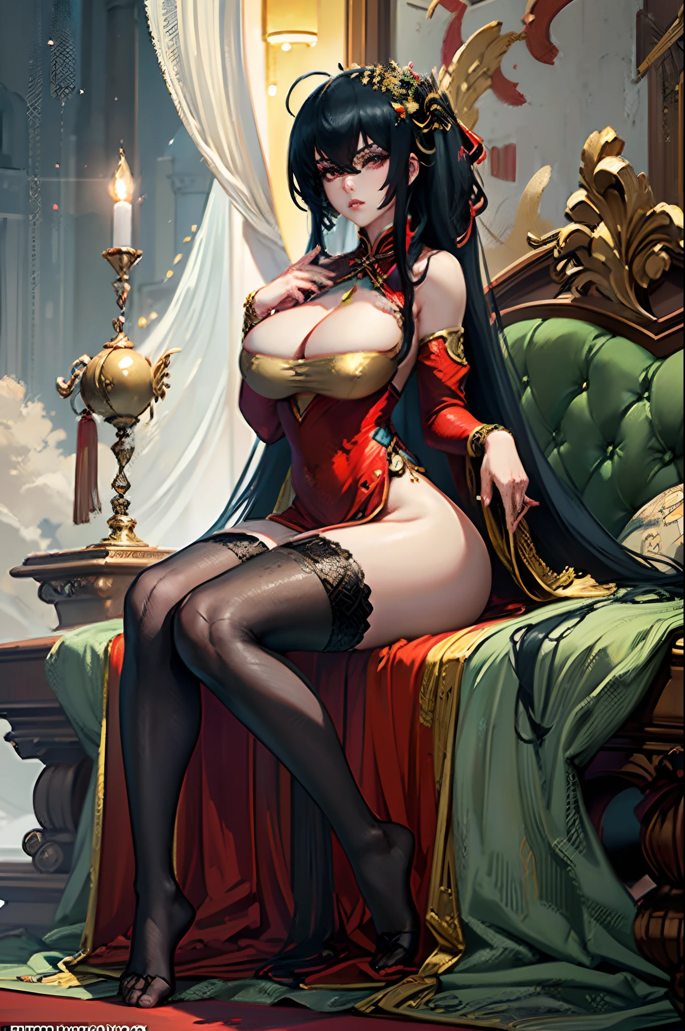 (taihouforbid), (hair ornament), (tiara), (chinese clothes), (long sleeves), (bracelet), (necklace), (ribbon), (china dress), (anime girl sitting on a throne with a standart in her hand), (with a red chinese dress and a golden headpiece), (a beautiful fantasy empress), (perched on intricate throne), (sitting on intricate throne), (trending on artstation pixiv), (2.5 d cgi anime fantasy artwork),(seductive anime girl), (smooth anime cg art), (a hyperrealistic older female), (hyperrealistic mature woman), (fine details), (Azur Lane), (realistic milf), ((nsfw) not safe for work), (from Azur Lane), (beautiful anime girl), (black hair), (long hair), (large breasts), (cleavage), (red qipao), (beautiful legs), (bare legs), (feet), (soles), (barefoot), (beautiful feet), (beautiful toes), (detailed feet), (detailed toes), (seductive anime girl), (beautiful detailed eyes), (beautiful detailed girl), (curvy:1.1), (dynamic pose), (fashion clothing with diverse colors), (full body), ((full body shot:1.1)), (looking at viewer), (perfect eyes), (perfect face), (perfect retina), (seductive look), (sexy pose), (ultra detail face), (ultra detail hair), (very detailed eyes and face), (8k wallpaper), (amazing), (ambient occlusion), (best quality), (CG), (cinematic lighting), (detailed painting), (field of view), (fine detail), (fluid motion), (harmony), ((High Quality:1.4)), (high resolution), (huge file size), (illustration), (interconnected elements), (Intricate Details), (masterpiece ), (movie lighting), (photorealistic lighting), ((photorealistic:1.4)), (professional artwork), ((raw photo:1.2)), (realistic shadows), (reflective art), (sharp focus), (solo), (super detailed), (unified), (very detailed), ((vibrant colors:1.05)), (vivid lighting), (warm and cool color palette), (extremely detailed artgerm), (trending on artstation pixiv),