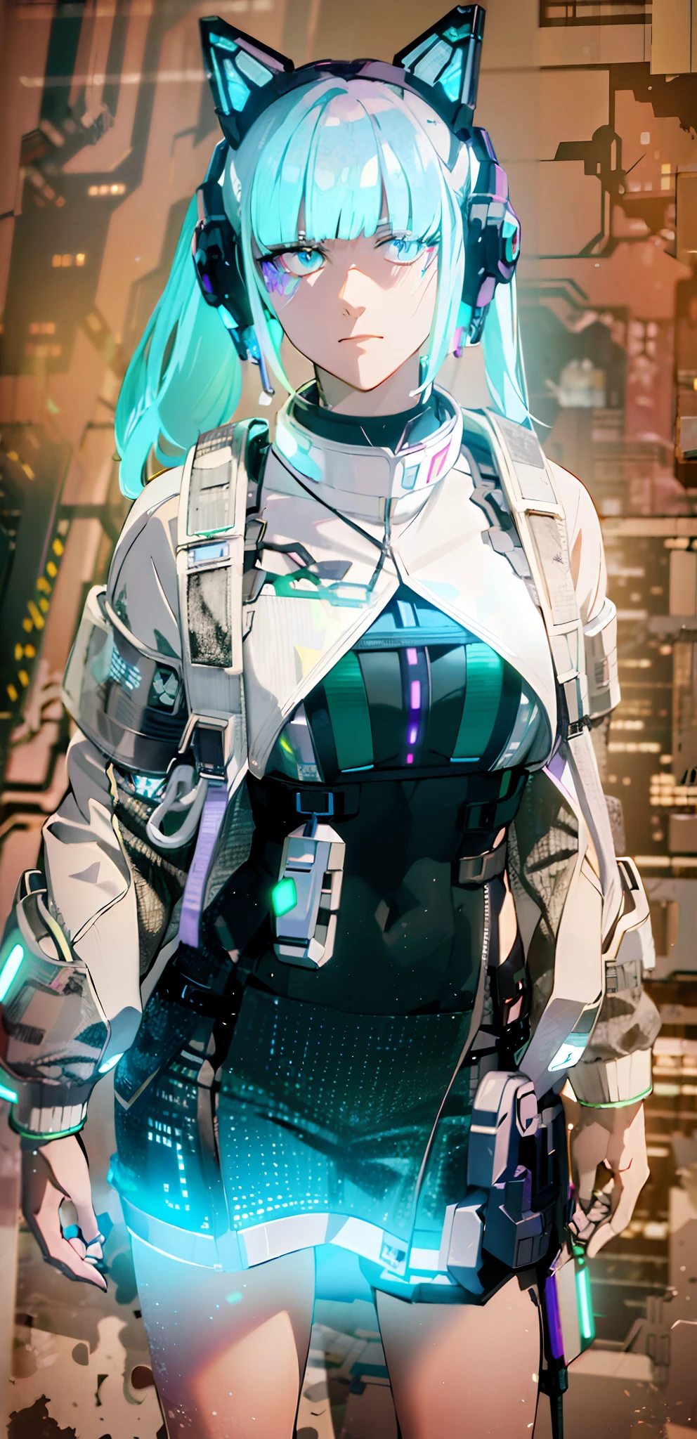 (masterpiece, detailed, high resolution:1.4), cyberpunk, cyberpunk 2077, cyberpunk night city cyberpunk background, metal cybernetic silver hand in the foreground in the frame, green and blue glitch effect around the hand, purple-pink neon glow, Lucy