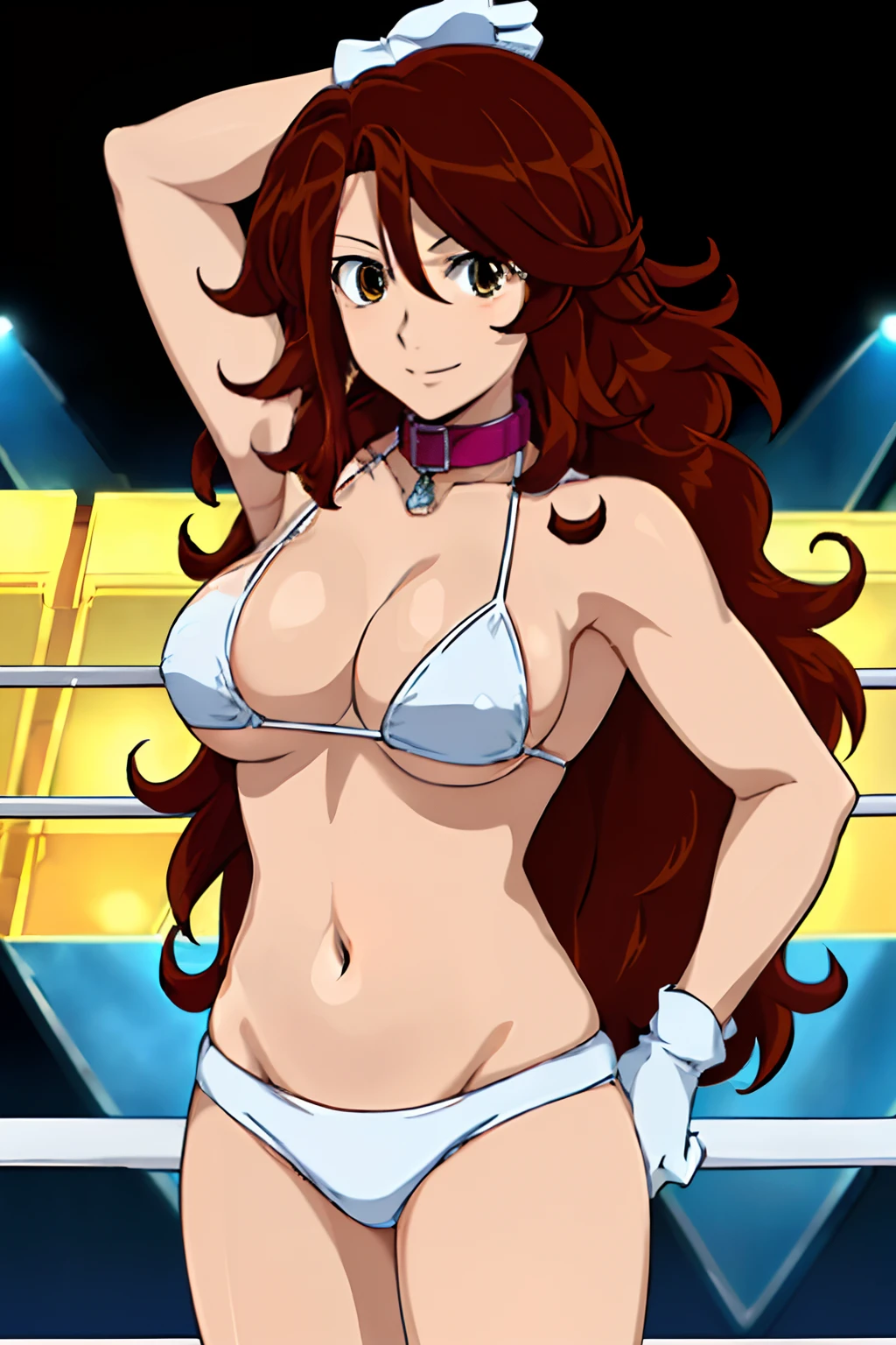 cowboy shot, upper body view, anime style: 1.8, anime drawing, ultra detailed face, ultra detailed body, 8k, Sumergai Lee Noriega, (standing), best quality, anime style, hires, highest definition, digital blending, bold drawing lines, ((, female pro wrestler), (location: wrestling arena, crowds watching), (, slender body, broad shoulders, , strong biceps, thighs), ((white micro bikini, shorts, groin, white boots, white gloves, collar)), victorious, winner, smile, , (big breasts), (big eyes, brown eyes), (warming up), (brown hair, loose hair, curly hair, wavy hair, long hair, missy hair), 27 years old, underarm, celebrating