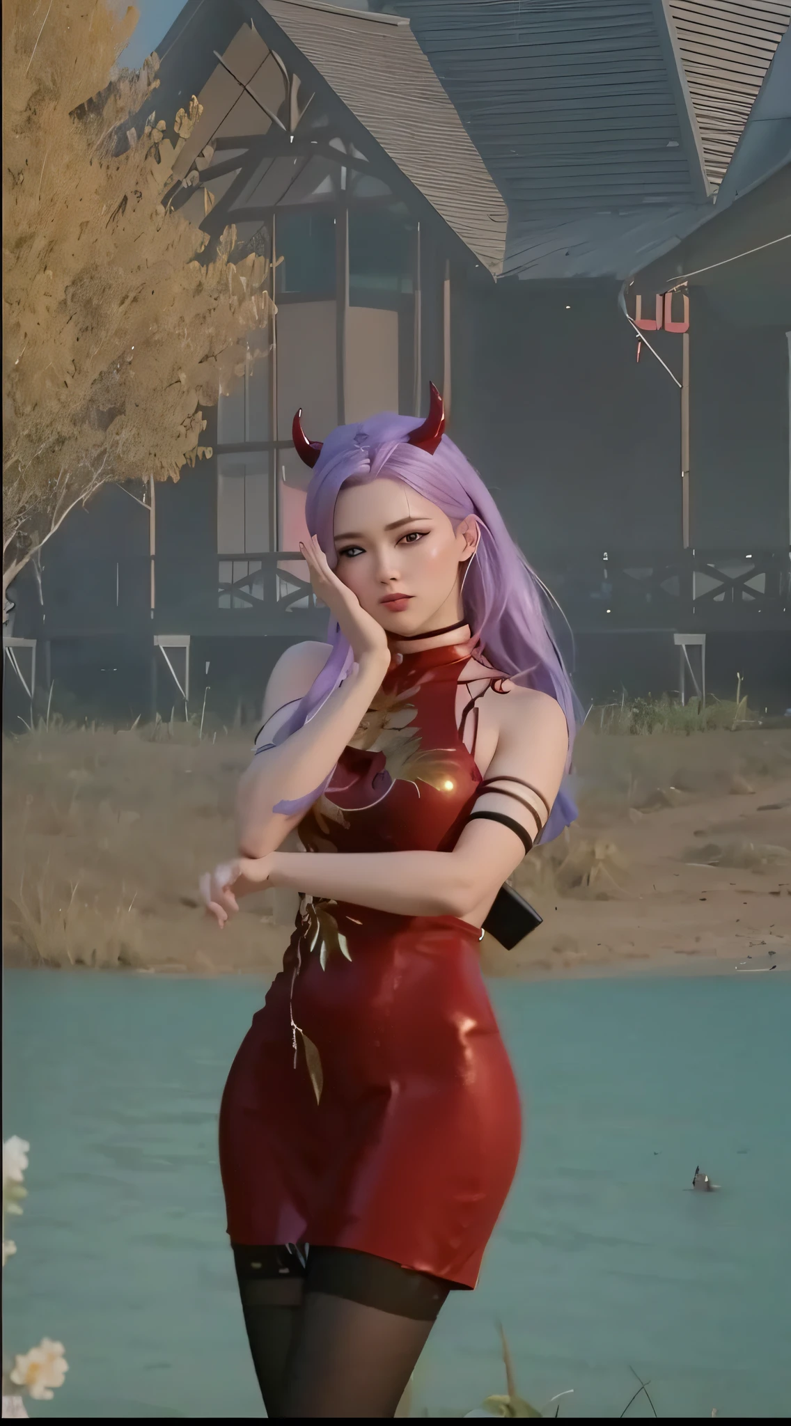 ((super realistic)), arafed woman in a chinese red suit and red horn standing in front of a lake, style game square enix, realistic artstyle urban girl fanart, trending on cgstation, fashion gameplay screenshot, realism artstyle, diesel punk female, game cg, casual pose, realistic anime 3 d style, trending at cgstation, detailed face, detailed eyes, hand on cheeks