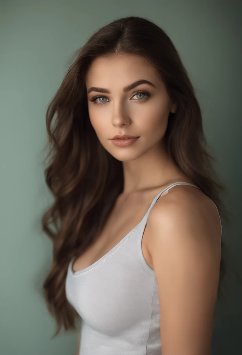 arafed woman with a white tank top and a necklace, sexy girl with blue eyes, portrait sophie mudd, brown hair and large eyes, selfie of a young woman, club eyes, violet myers, without makeup, natural makeup, looking away from the camera, showing butt, face with artgram, subtle makeup, stunning full body shot, piercing green eyes, beautiful angle, attractive pose, cute girl, sexy pose, full body picture, full body, full body shoot, brunette goddess, high detail, satisfied pose, leather pant