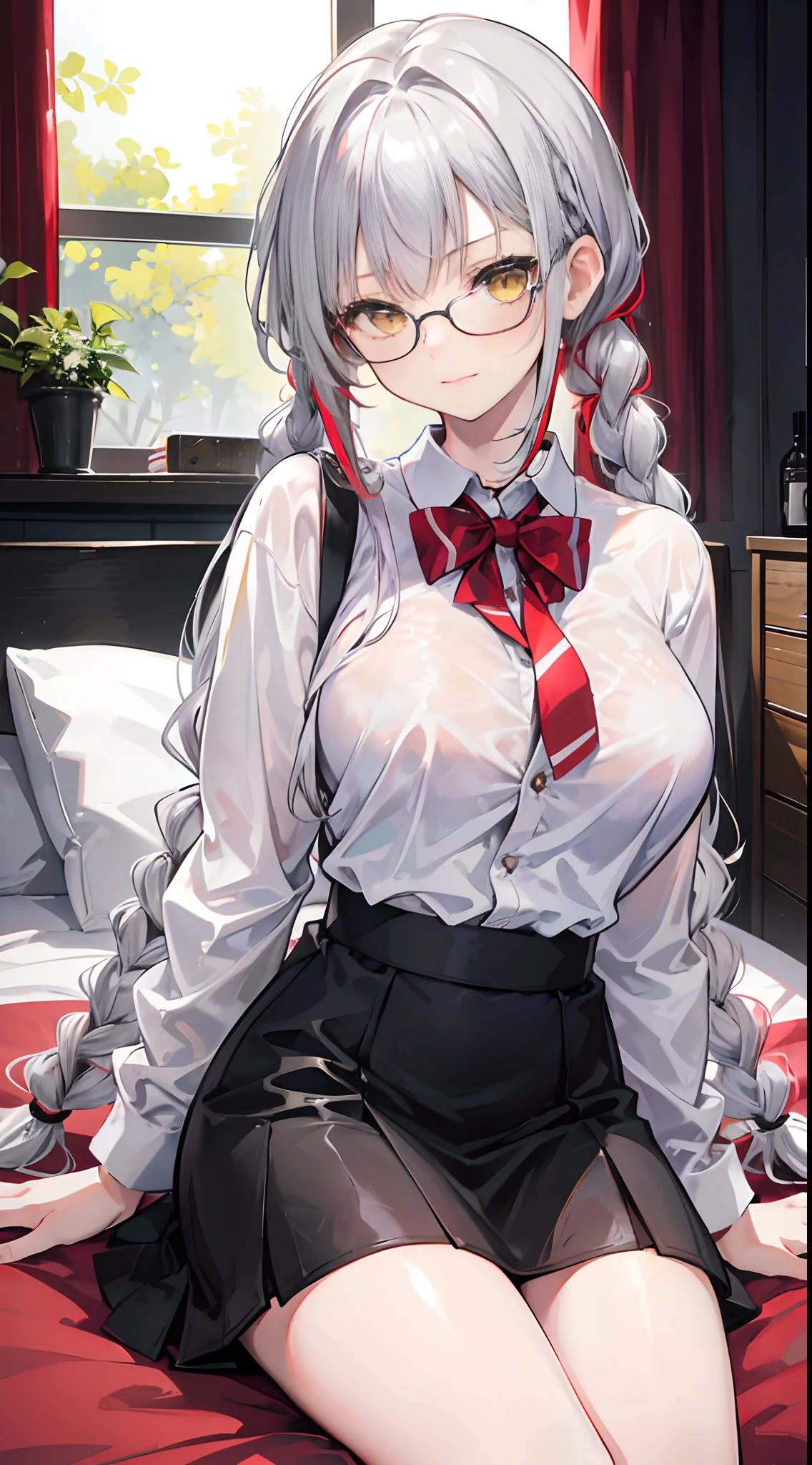 18-year-old girl with silver hair with red highlights., yellow eyes, Big breasts. long-haired,Braid left and right, Wear glasses, Wear a white long-sleeved shirt.....button up.  Black miniskirt, sitting on the bed,....With a slightly smiling face.....