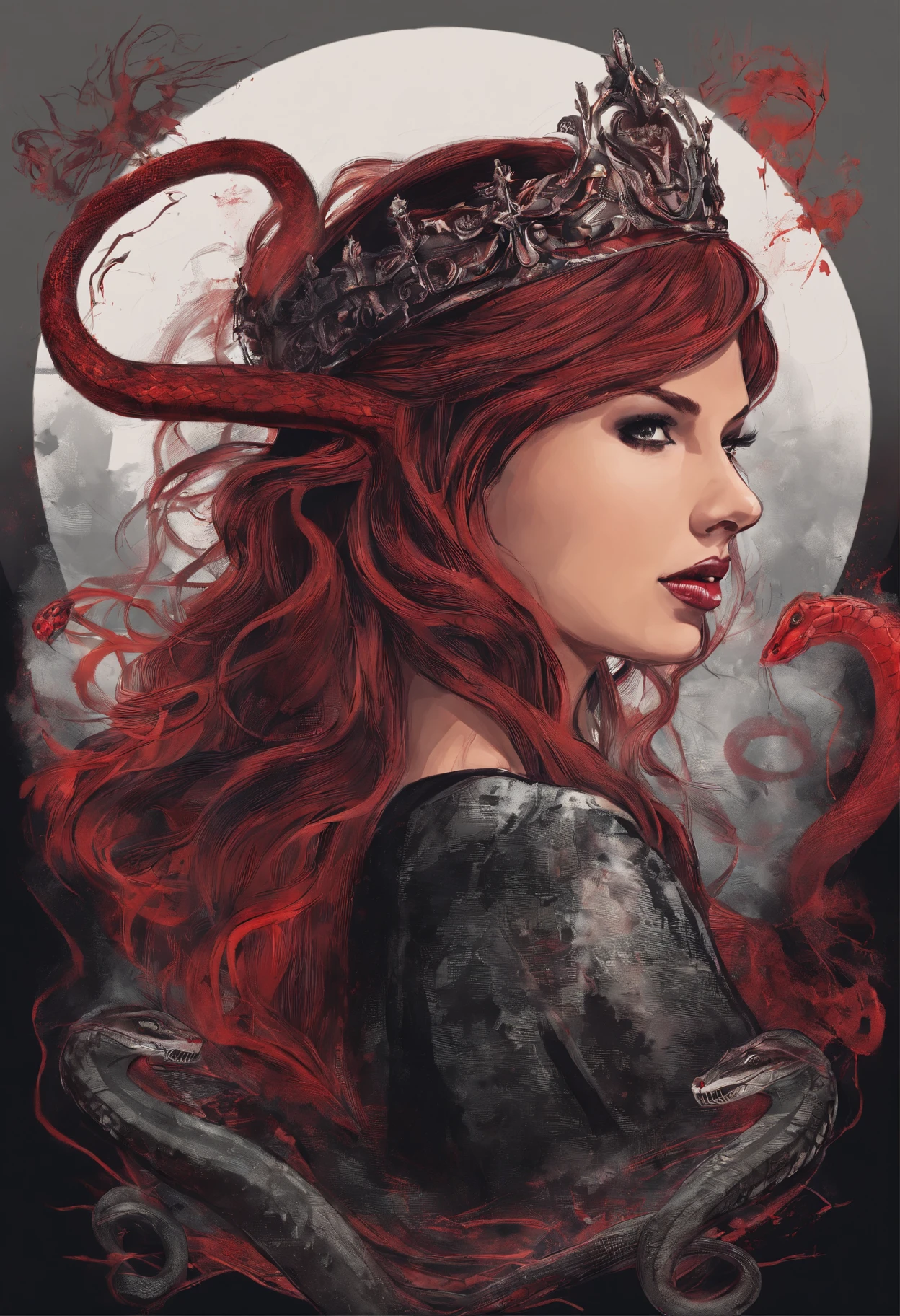 Taylor Swift with long hair that wearing a black and red dress with a crown and snake
