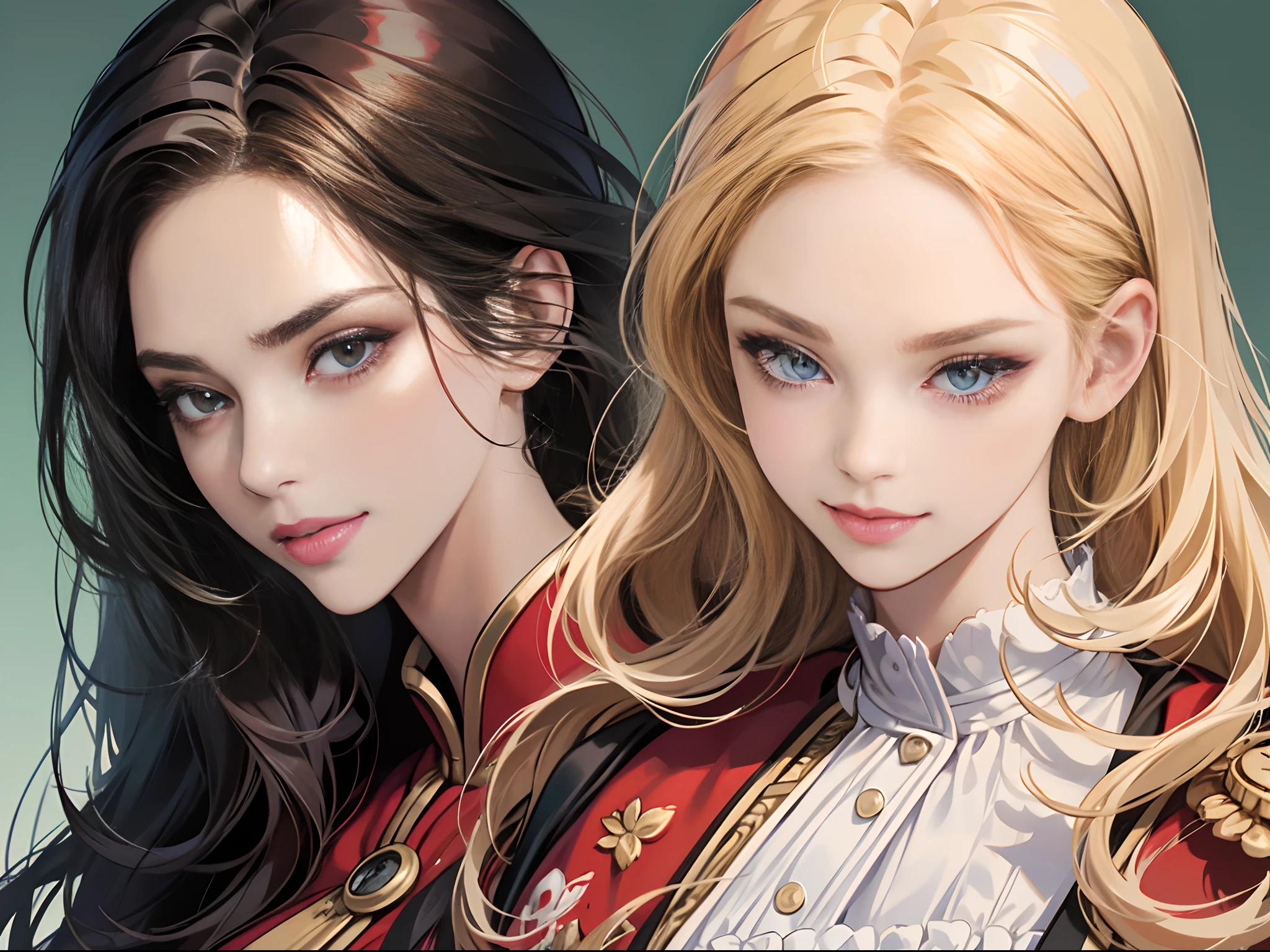 (Best Quality,4K,High resolution),2 girls in(18yo woman, Long hair, Straight hair,Woman glaring with sharp eyes with red-black highlight hair,Smiling woman with blonde hair and petite body,),,Details of delicate illustrations,Realistic portrayal,Vibrant colors,expresive,Classic background(Best Quality,4K,High resolution),Face to face and glaring at each other,comic strip,animesque,Comical illustration,busy,Deformed cute illustration