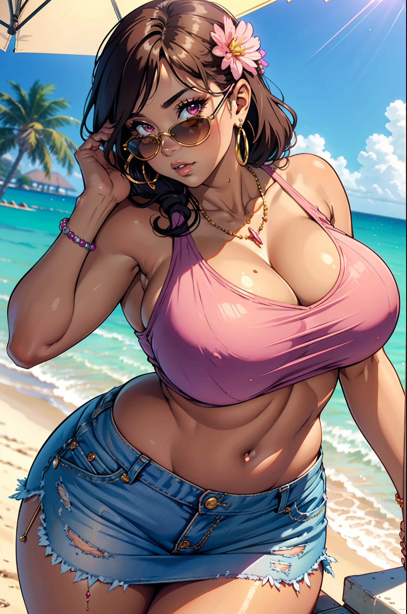 Best quality, solo mature woman, giant breasts, giant ass, very curvy, tanned skin, brown middle parted hair with curled ends, sea pink eyes, full lips, seductive, sea pink sunglasses, rhinestone beaded singlet, pleated denim skirt, flower earrings, flower necklace, thick thighs, curvy physique