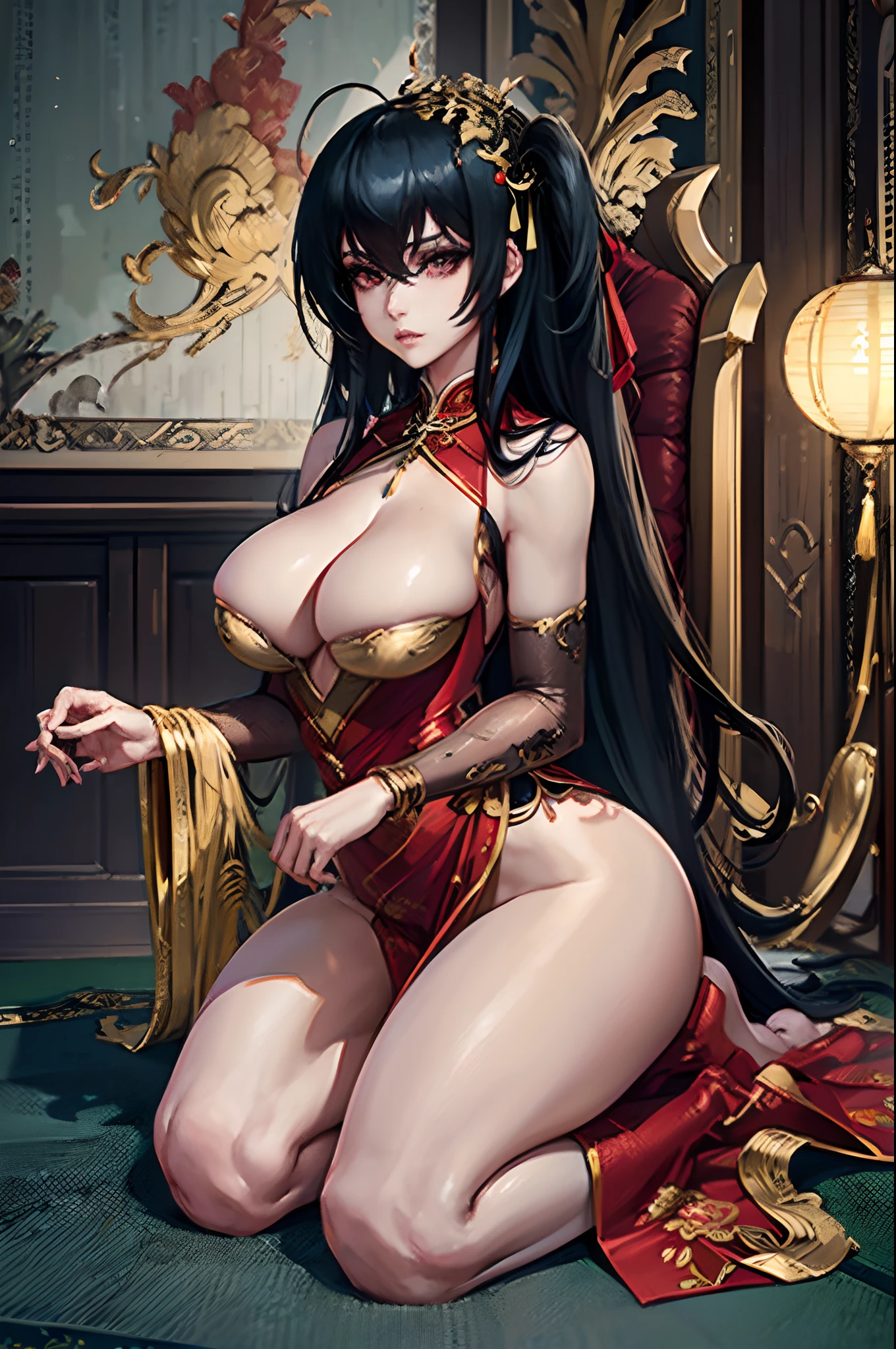 (taihouforbid), (hair ornament), (tiara), (chinese clothes), (long sleeves), (bracelet), (necklace), (ribbon), (china dress), (anime girl sitting on a throne with a standart in her hand), (with a red chinese dress and a golden headpiece), (a beautiful fantasy empress), (perched on intricate throne), (sitting on intricate throne), (trending on artstation pixiv), (2.5 d cgi anime fantasy artwork),(seductive anime girl), (smooth anime cg art), (a hyperrealistic older female), (hyperrealistic mature woman), (fine details), (Azur Lane), (realistic milf), ((nsfw) not safe for work), (from Azur Lane), (beautiful anime girl), (black hair), (long hair), (large breasts), (cleavage), (red qipao), (beautiful legs), (bare legs), (feet), (soles), (barefoot), (beautiful feet), (beautiful toes), (detailed feet), (detailed toes), (seductive anime girl), (beautiful detailed eyes), (beautiful detailed girl), (curvy:1.1), (dynamic pose), (fashion clothing with diverse colors), (full body), ((full body shot:1.1)), (looking at viewer), (perfect eyes), (perfect face), (perfect retina), (seductive look), (sexy pose), (ultra detail face), (ultra detail hair), (very detailed eyes and face), (8k wallpaper), (amazing), (ambient occlusion), (best quality), (CG), (cinematic lighting), (detailed painting), (field of view), (fine detail), (fluid motion), (harmony), ((High Quality:1.4)), (high resolution), (huge file size), (illustration), (interconnected elements), (Intricate Details), (masterpiece ), (movie lighting), (photorealistic lighting), ((photorealistic:1.4)), (professional artwork), ((raw photo:1.2)), (realistic shadows), (reflective art), (sharp focus), (solo), (super detailed), (unified), (very detailed), ((vibrant colors:1.05)), (vivid lighting), (warm and cool color palette), (extremely detailed artgerm), (trending on artstation pixiv),